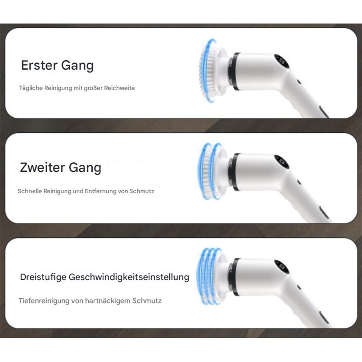 Drei Bilder zeigen einen weißen elektrischen Schrubber mit verschiedenen Geschwindigkeiten und blauen Bürstenkopf.