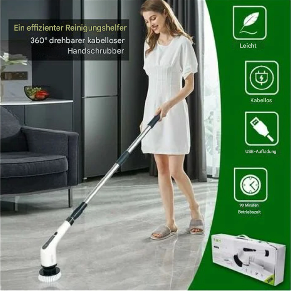 Frau in weißem Kleid benutzt einen kabellosen Handschrubber mit Reinigungssymbolen.
