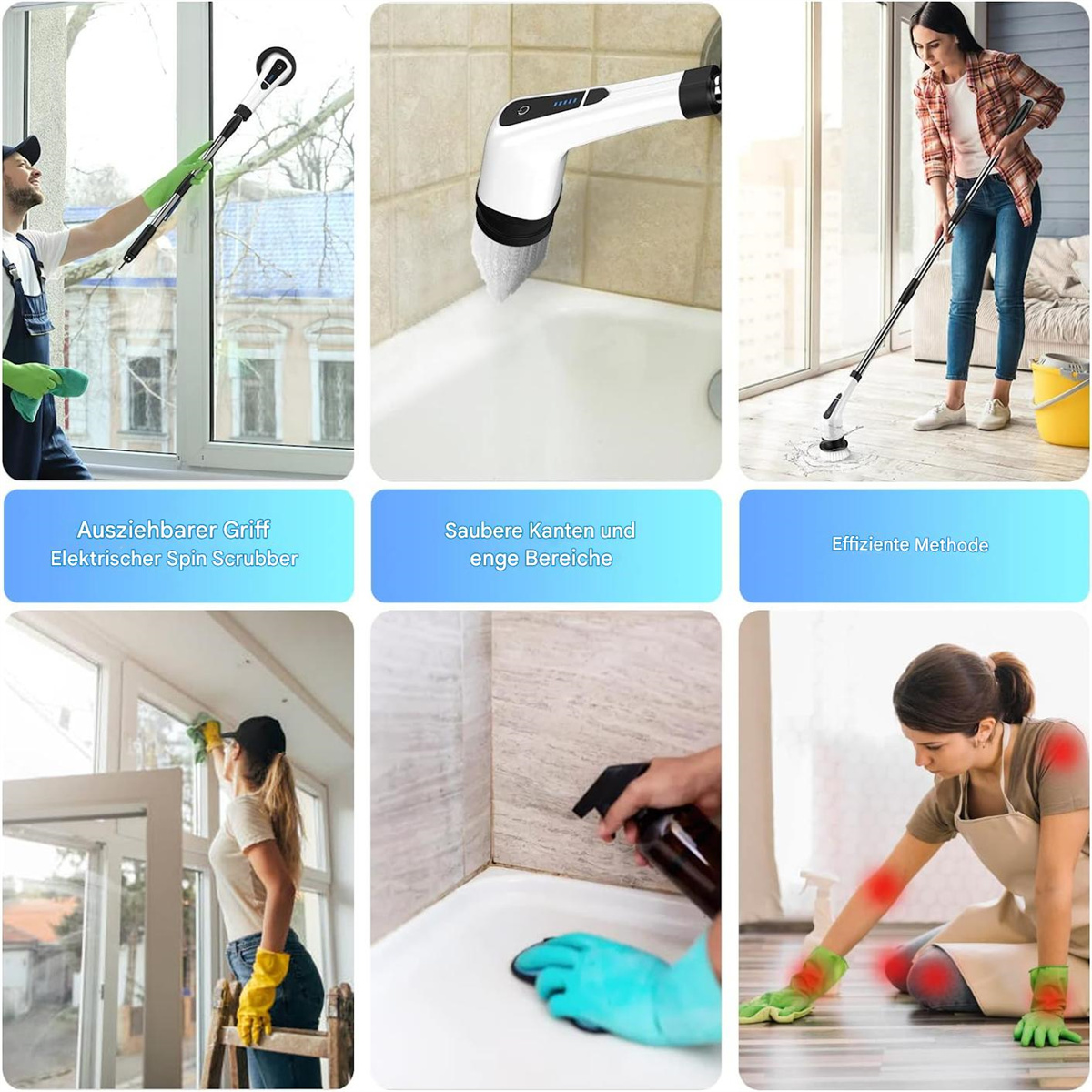 Collage von Reinigungsaktivitäten, einschließlich Fensterputzen, Wannen- und Bodenreinigung. Verschiedene Werkzeuge und Aktionen.