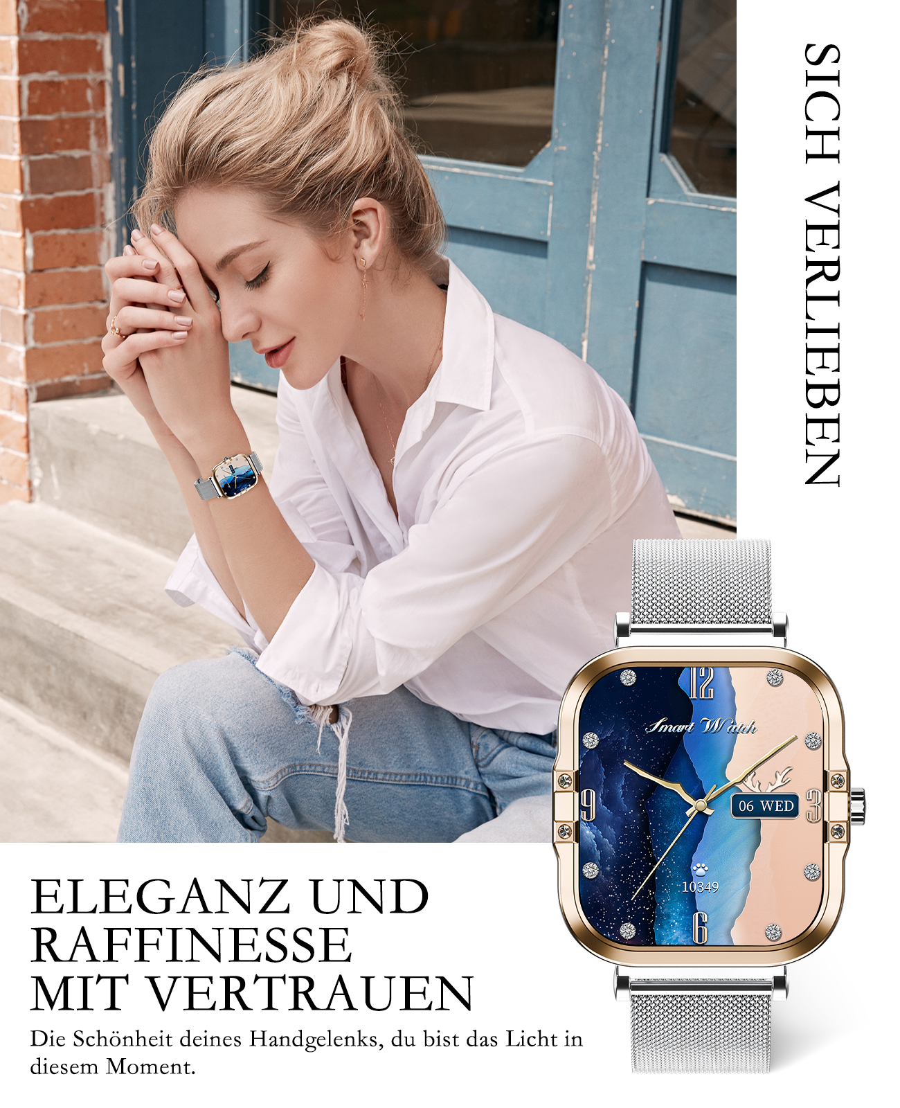 Eine Frau mit einer Uhr am Handgelenk und eine zweite Uhr. Der Text lautet 'Smart Watch'.