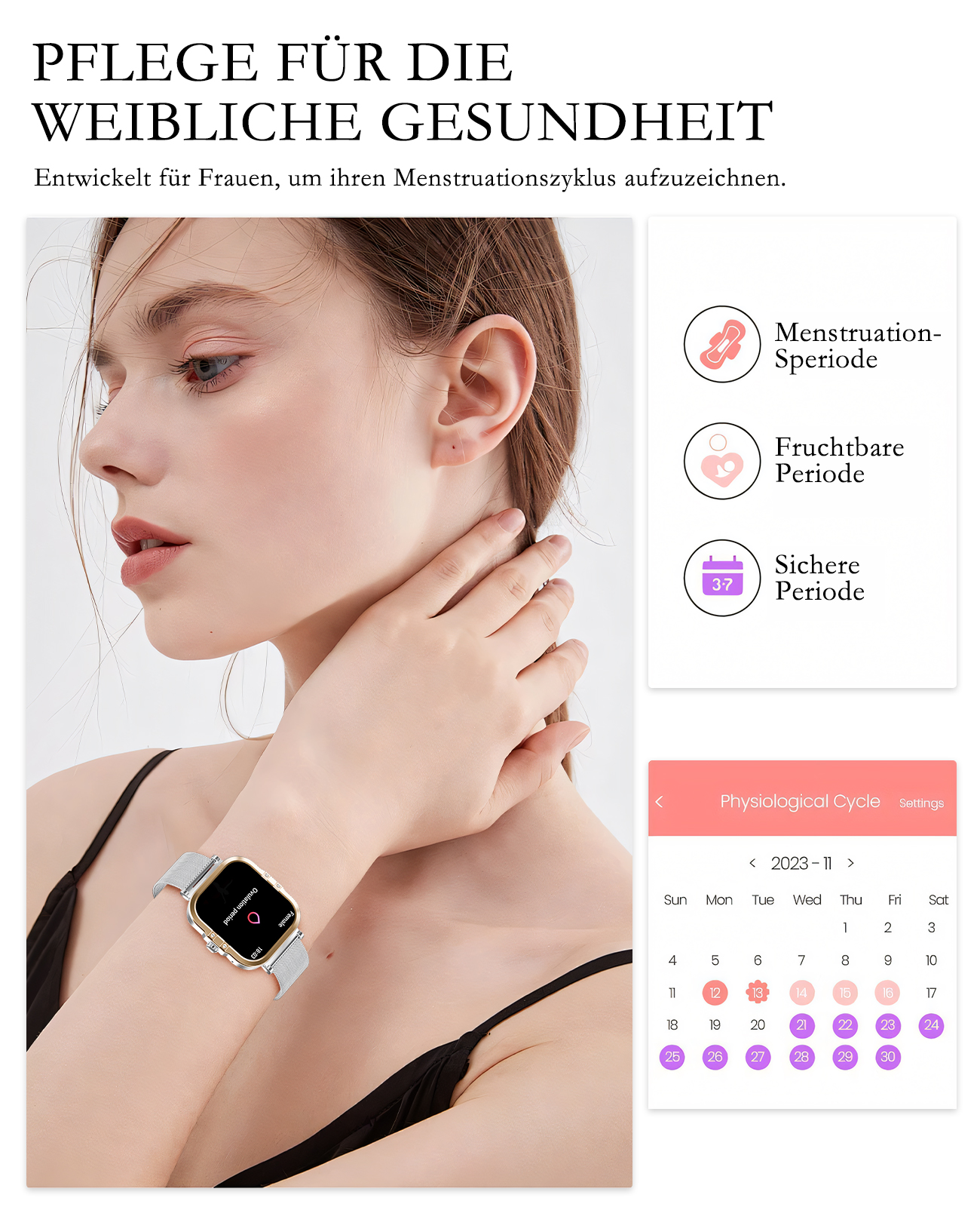 Frau mit Uhr, die Kalender zeigt, mit Menstruationszyklus-Illustrationen.