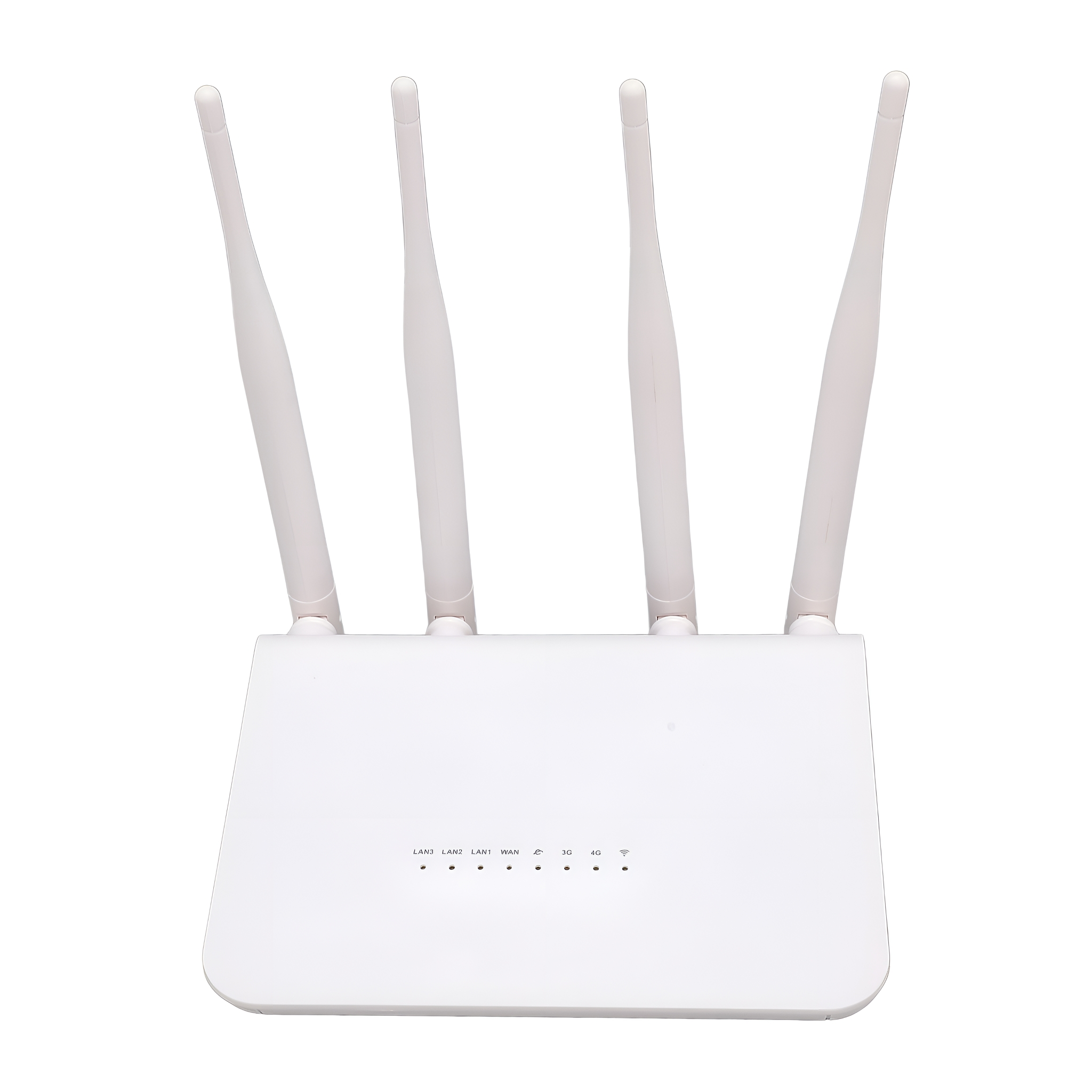 Weißer Router mit vier Antennen und fünf Kontrollleuchten auf der Vorderseite.