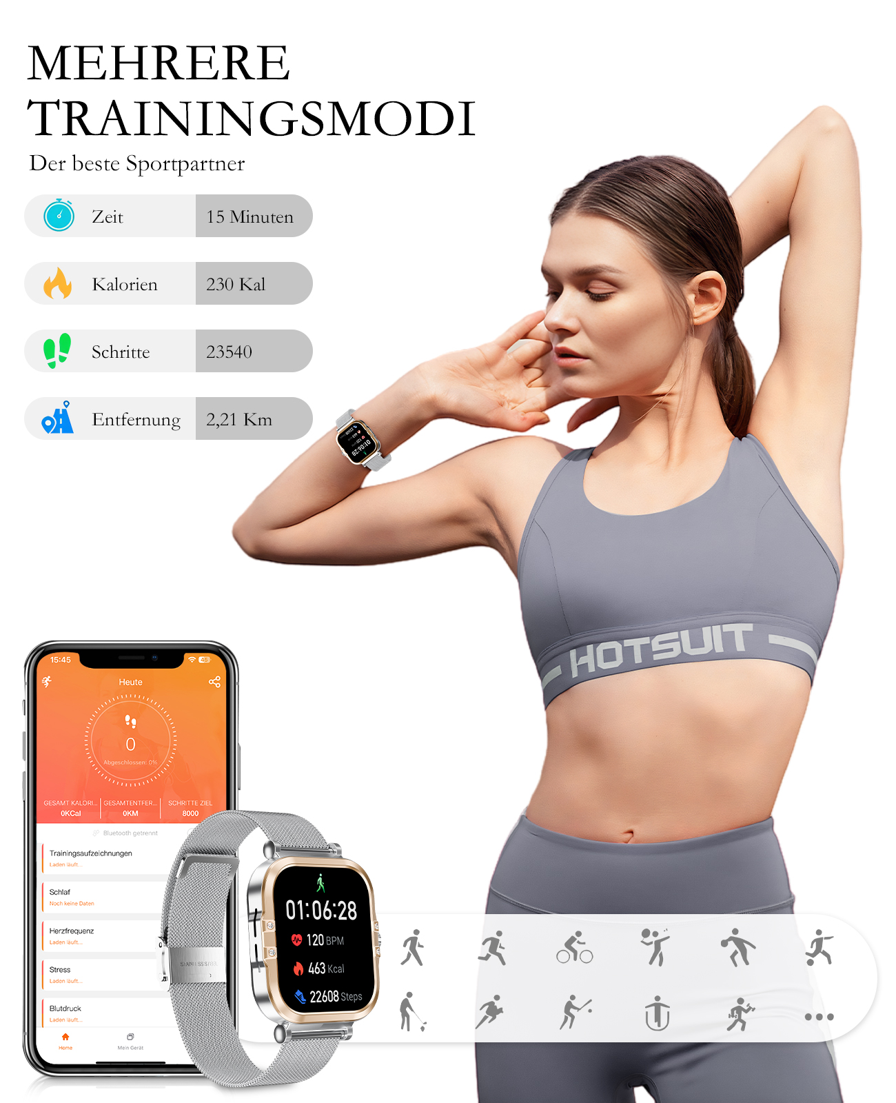 Frau mit Smartwatch und Telefon mit Trainingsdaten. Grafiken zeigen Trainingsmodi und Gesundheitsmetriken.