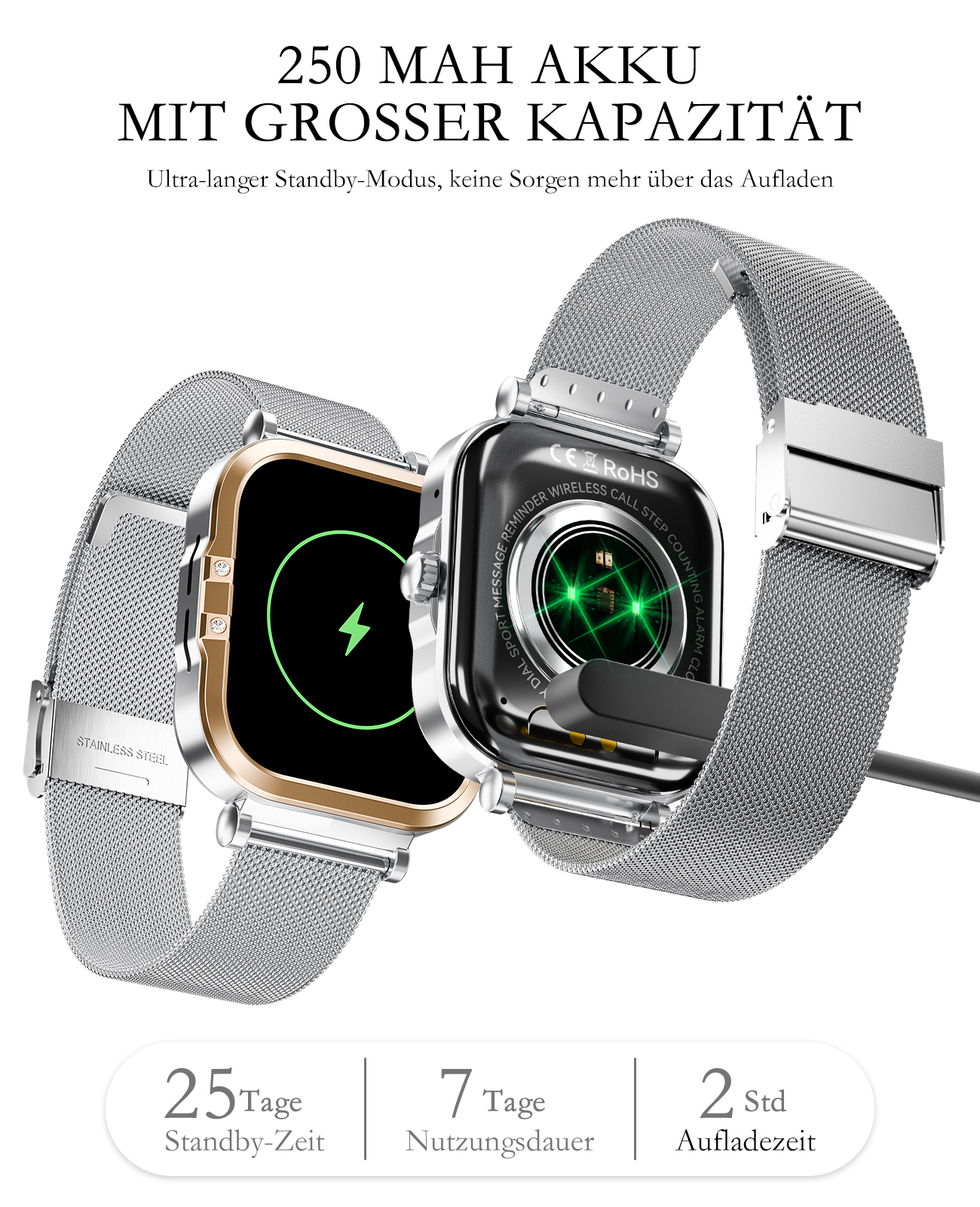 Smartwatch mit silbernem Armband beim Aufladen. Zeigt Akkulaufzeit und Text auf Deutsch.