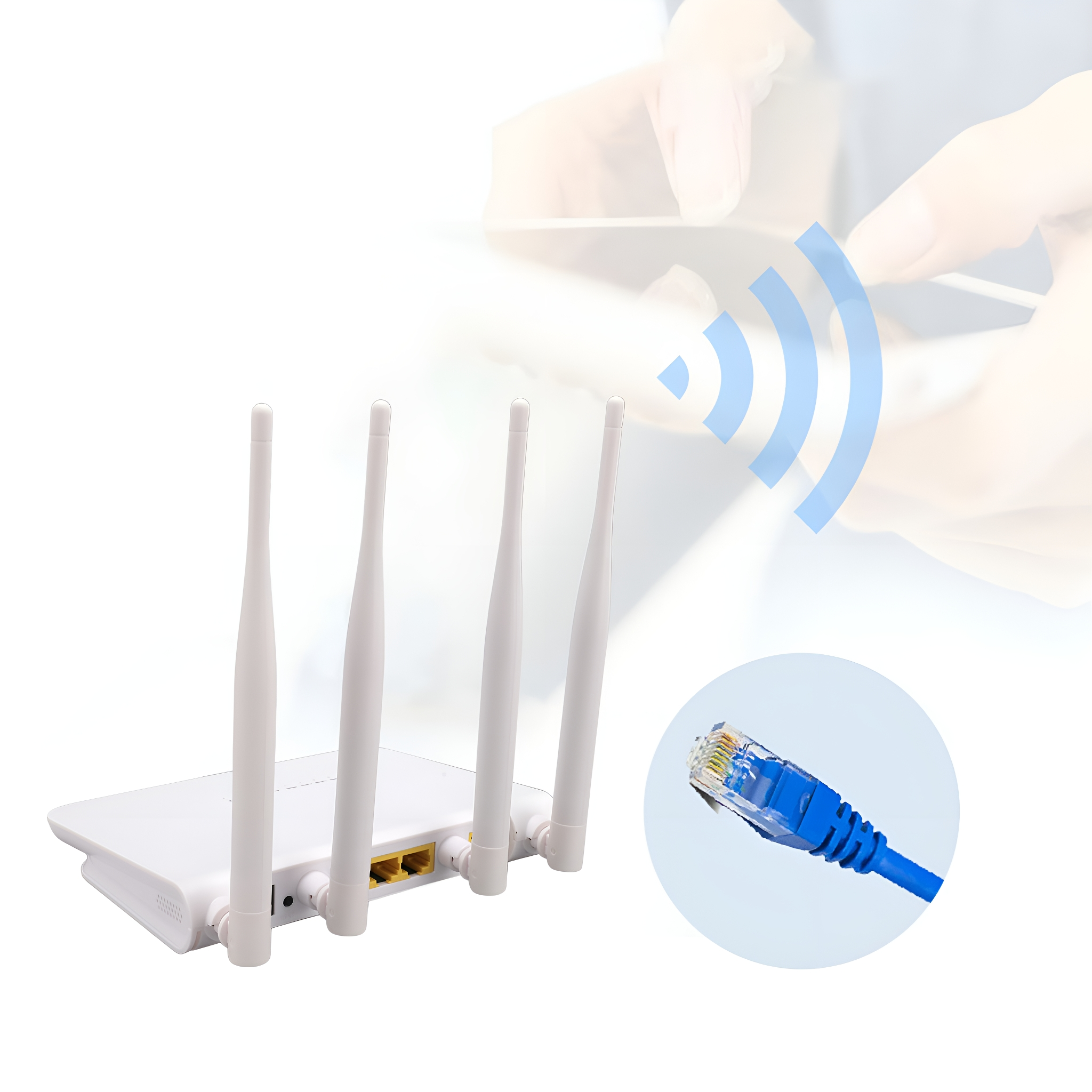 Weißer Router mit 4 Antennen, ein blaues Netzwerkkabel und ein WLAN-Signal-Symbol.
