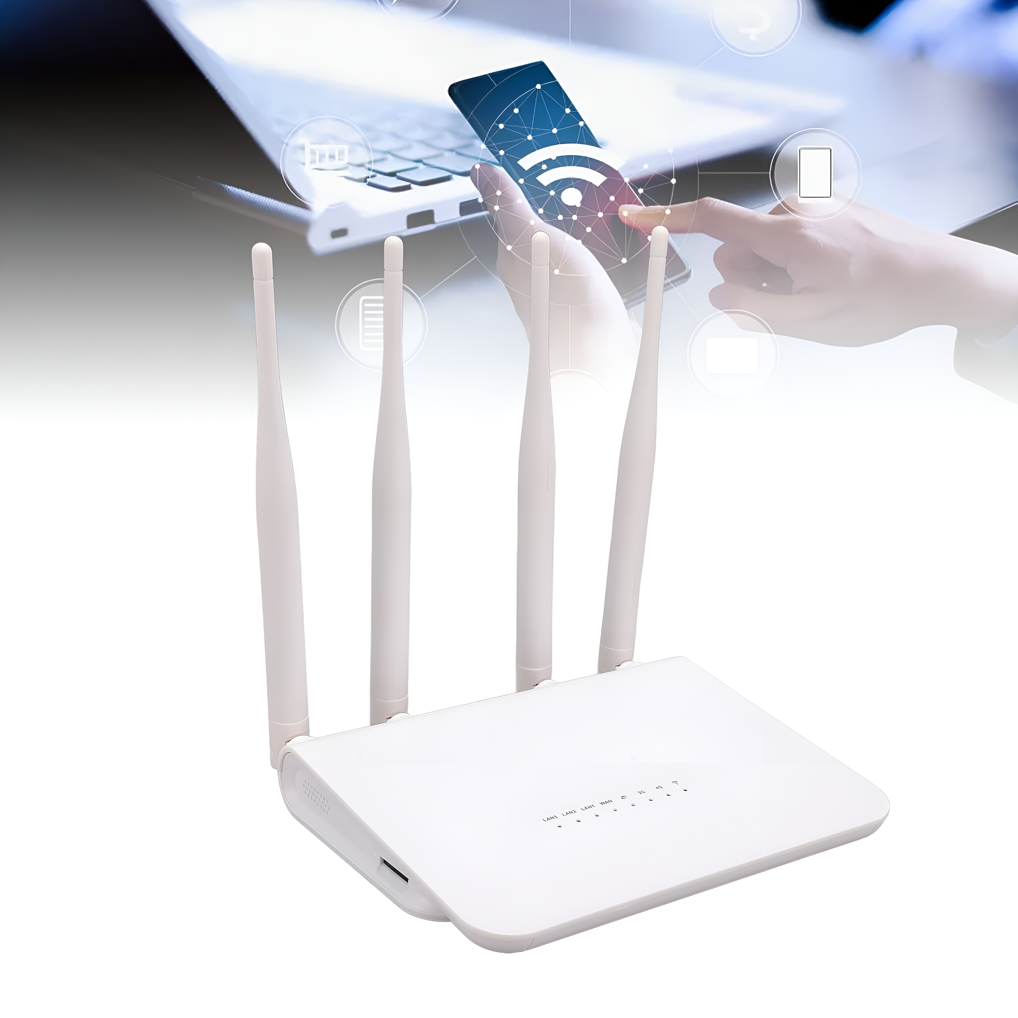 Ein weißer Router mit vier Antennen. Die Hand einer Person schwebt über einem Telefon. Der Hintergrund ist unscharf.
