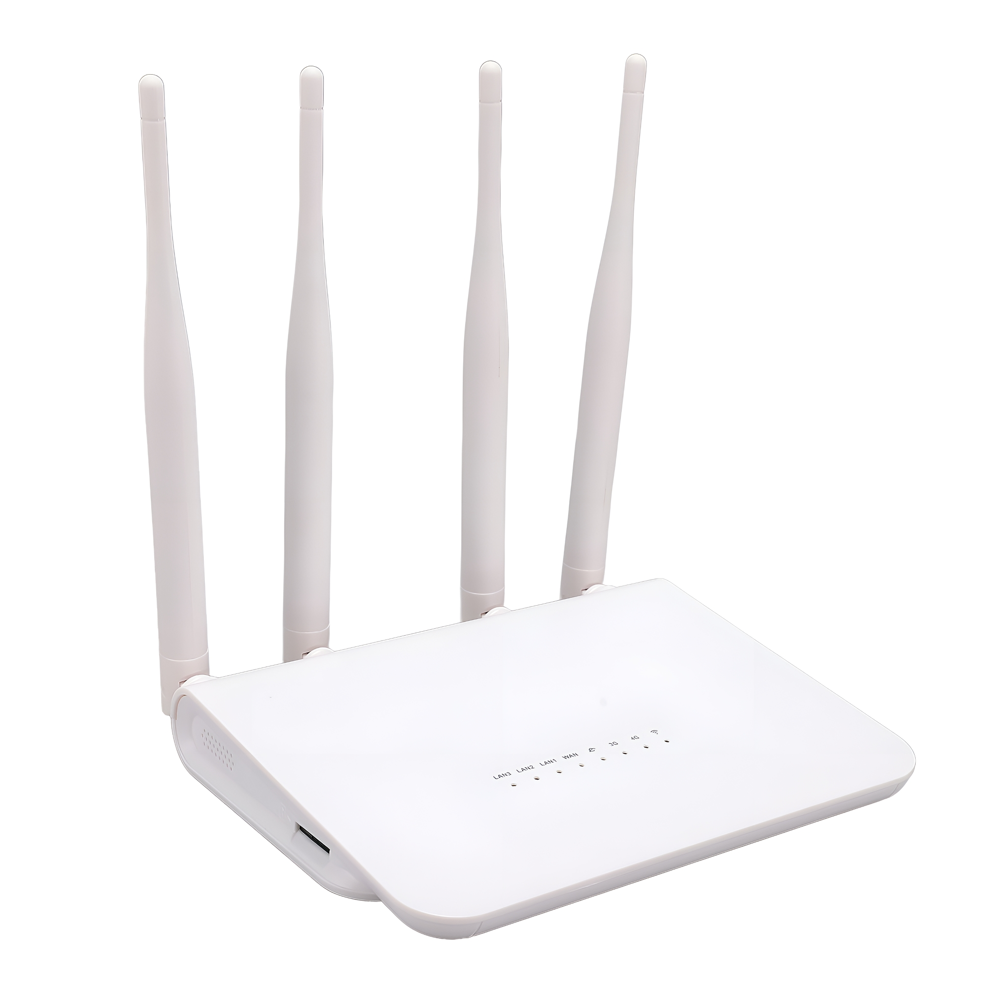 Weißer WLAN-Router mit vier Antennen, freigestellt auf Weiß.