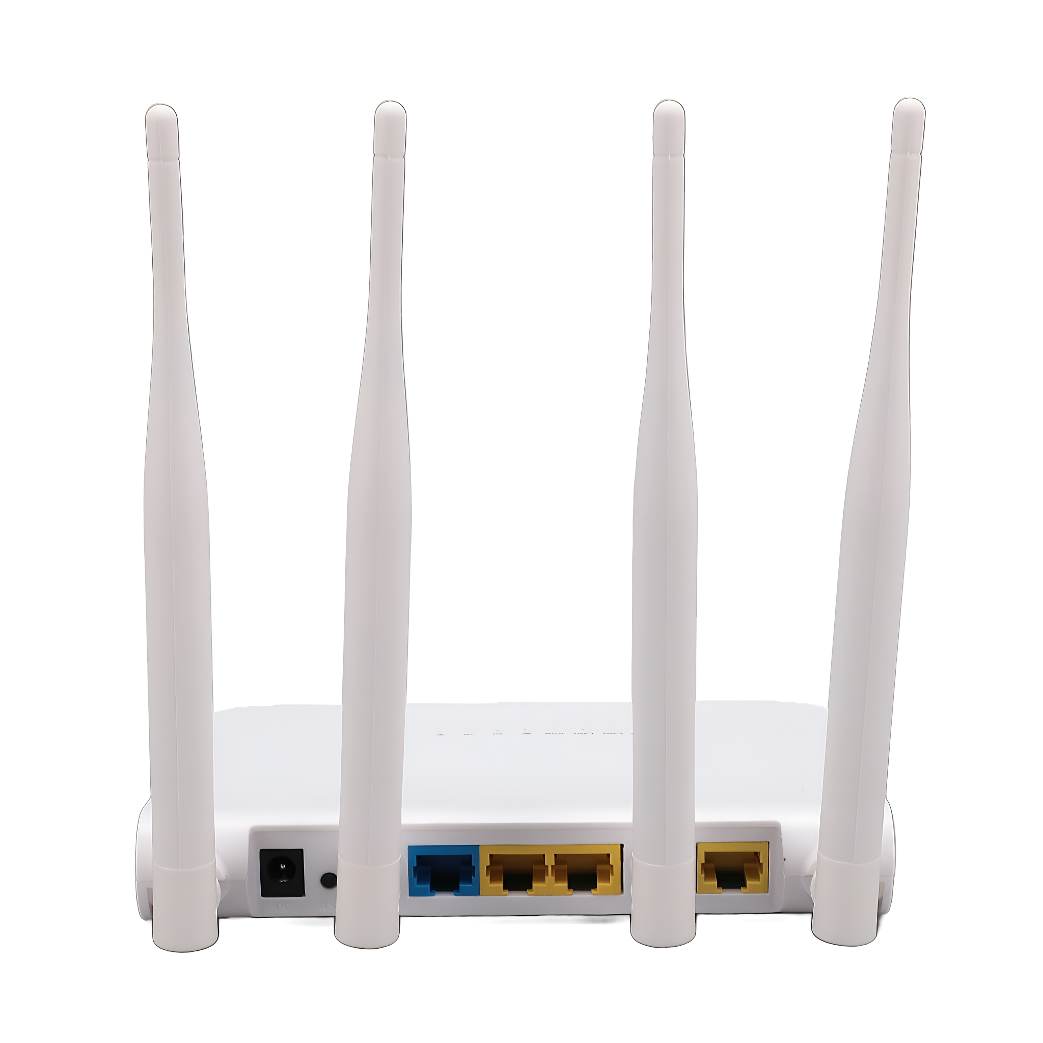 Weißer WLAN-Router mit vier Antennen. Rückansicht mit Anschlüssen und Stromeingang. Isoliert auf Weiß.