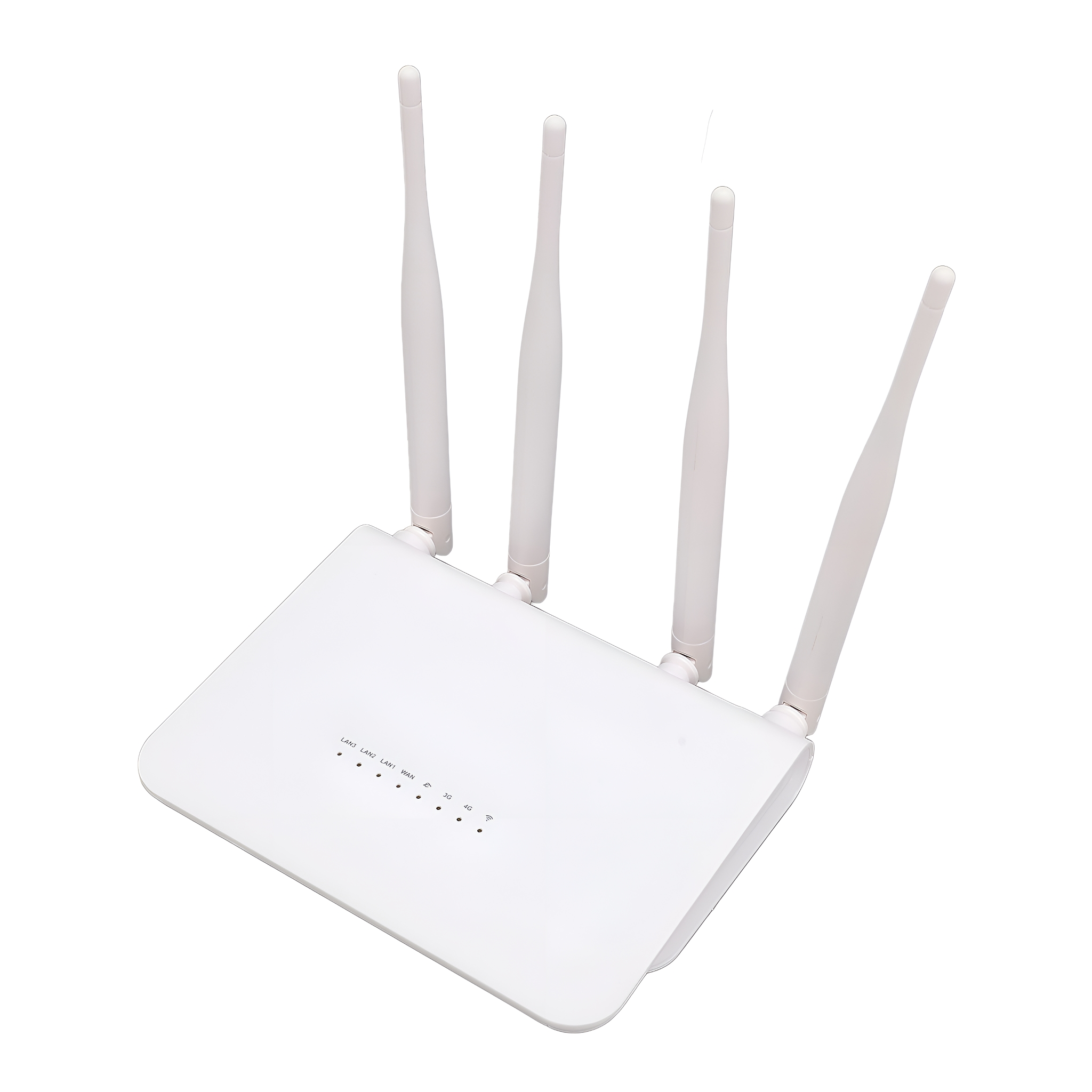 Weißer Router mit vier Antennen auf weißem Hintergrund.