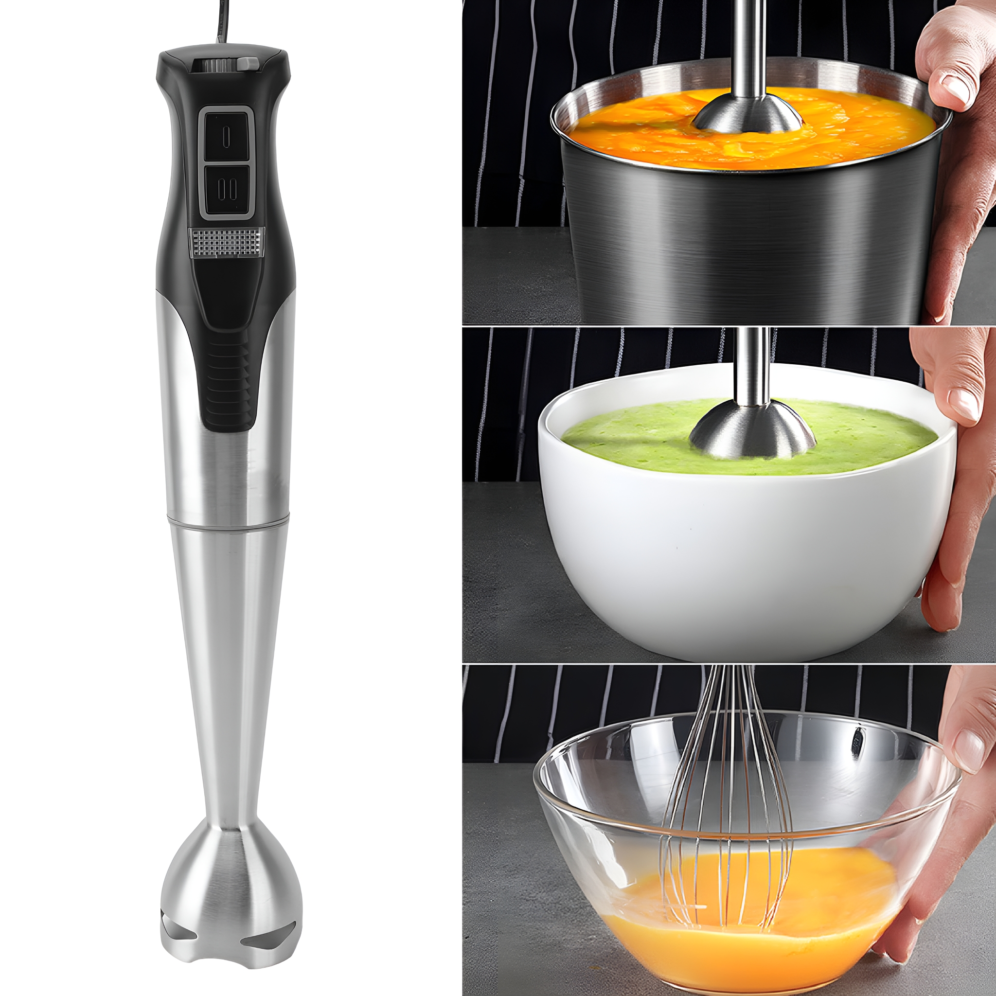 Ein Handmixer mit silbernem Gehäuse, schwarzem Griff und Knöpfen befindet sich links. Drei Lebensmittelbilder sind rechts.