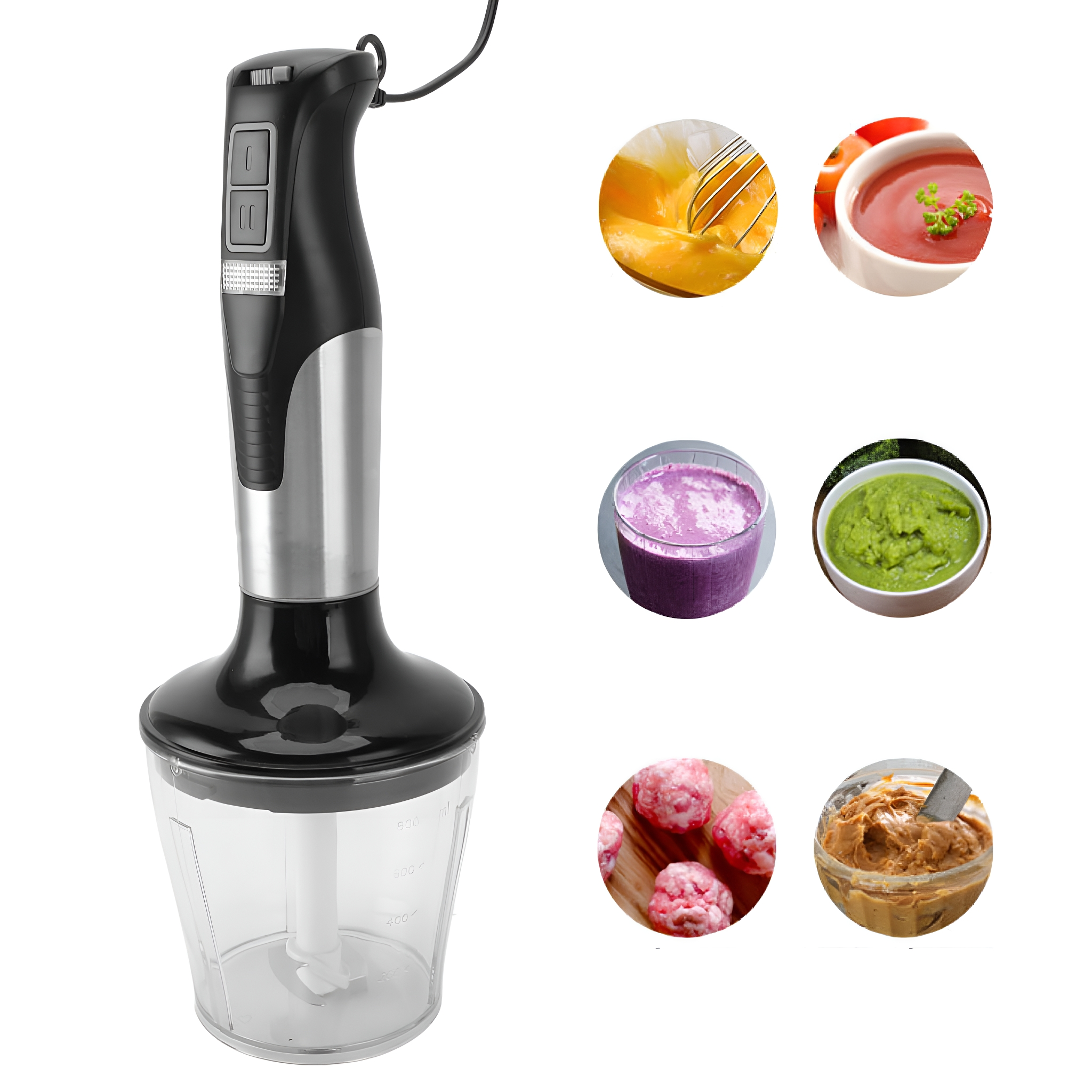 Schwarzer Stabmixer mit transparentem Behälter und verschiedenen Lebensmitteln: Eier, Suppe, Smoothie usw.