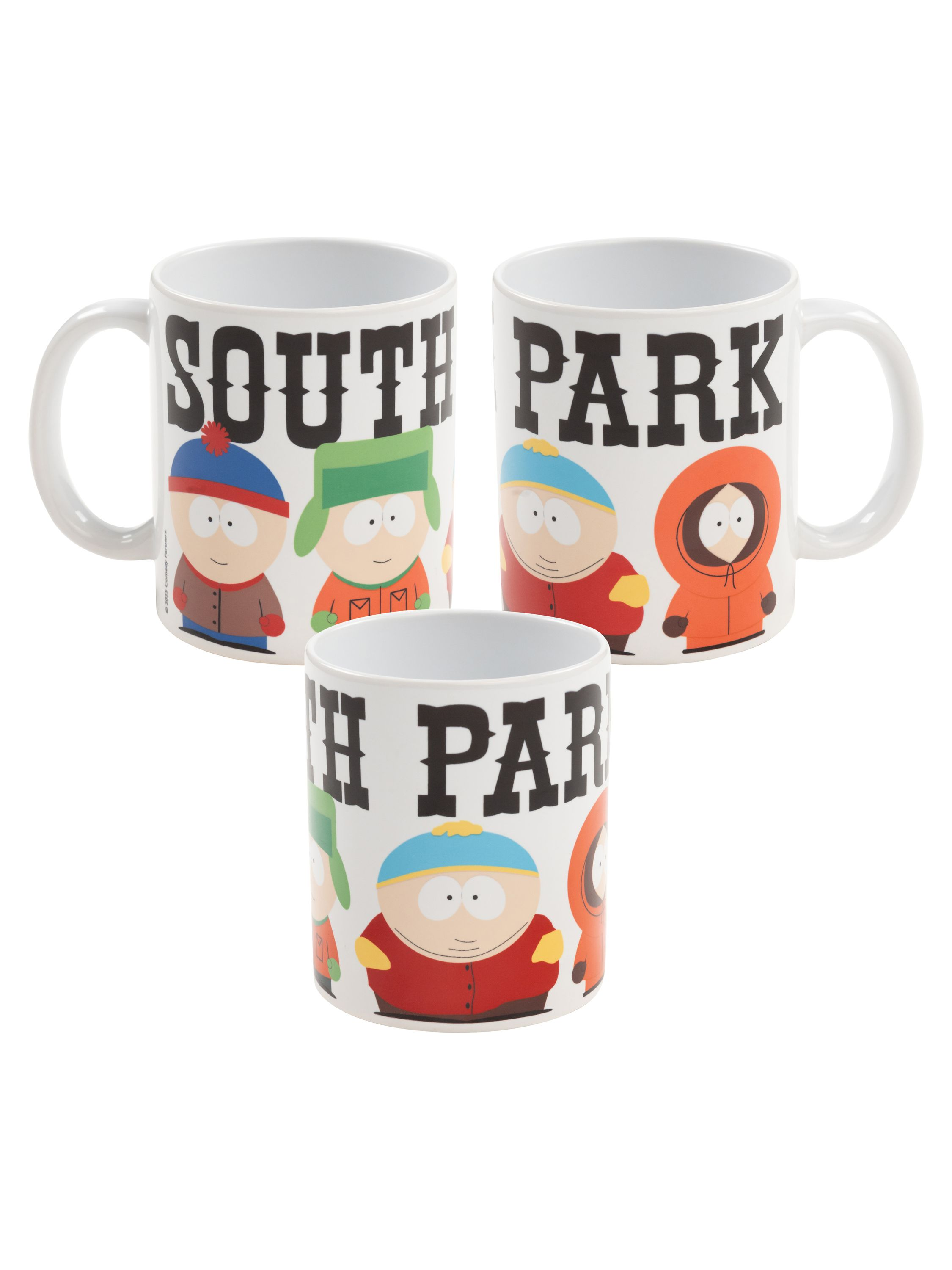 Drei Tassen mit South Park-Cartoonfiguren auf weißem Hintergrund.