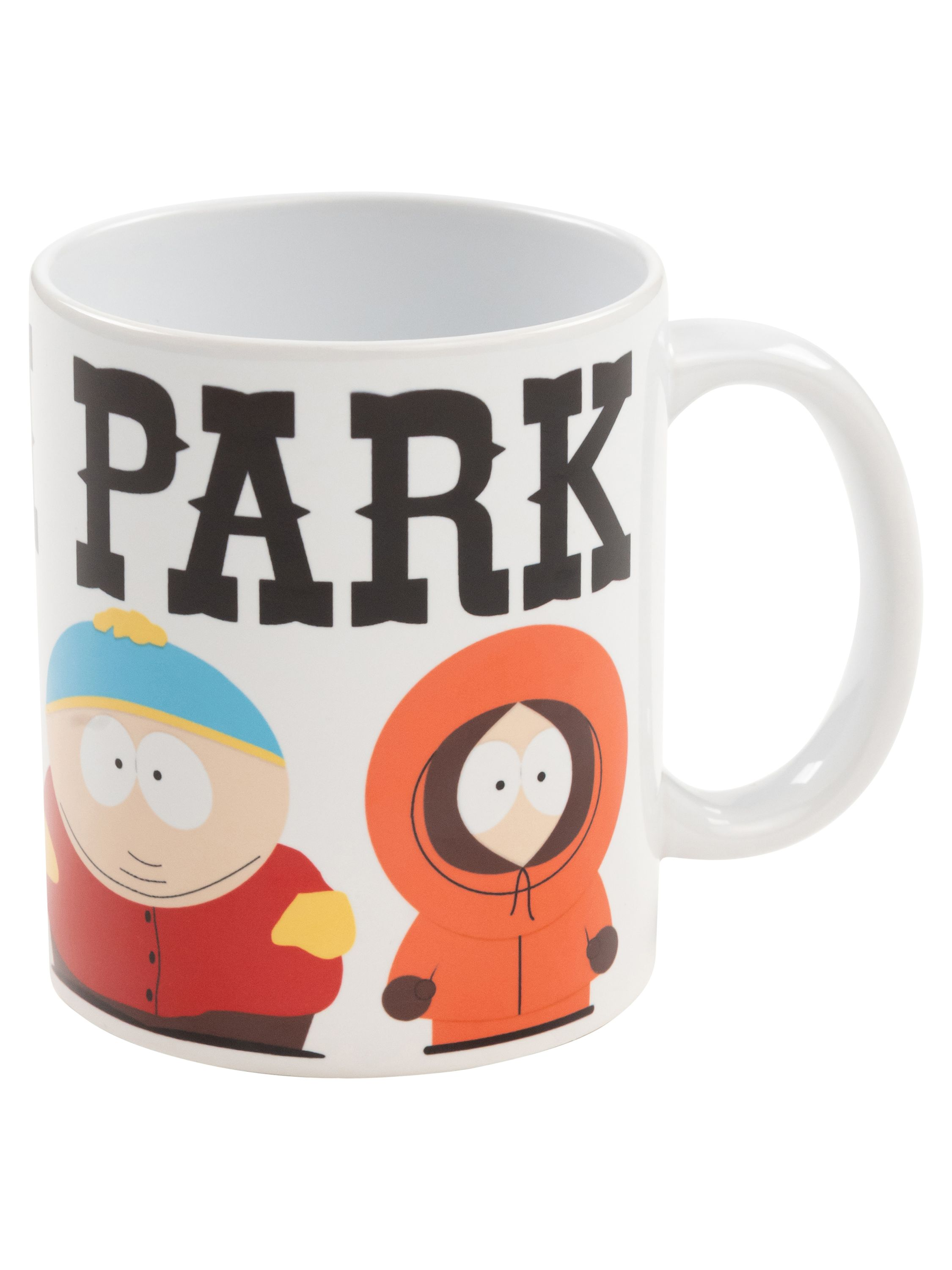 Ein weißer Becher mit den South Park-Charakteren Cartman und Kenny darauf. Der Becher hat einen weißen Griff.