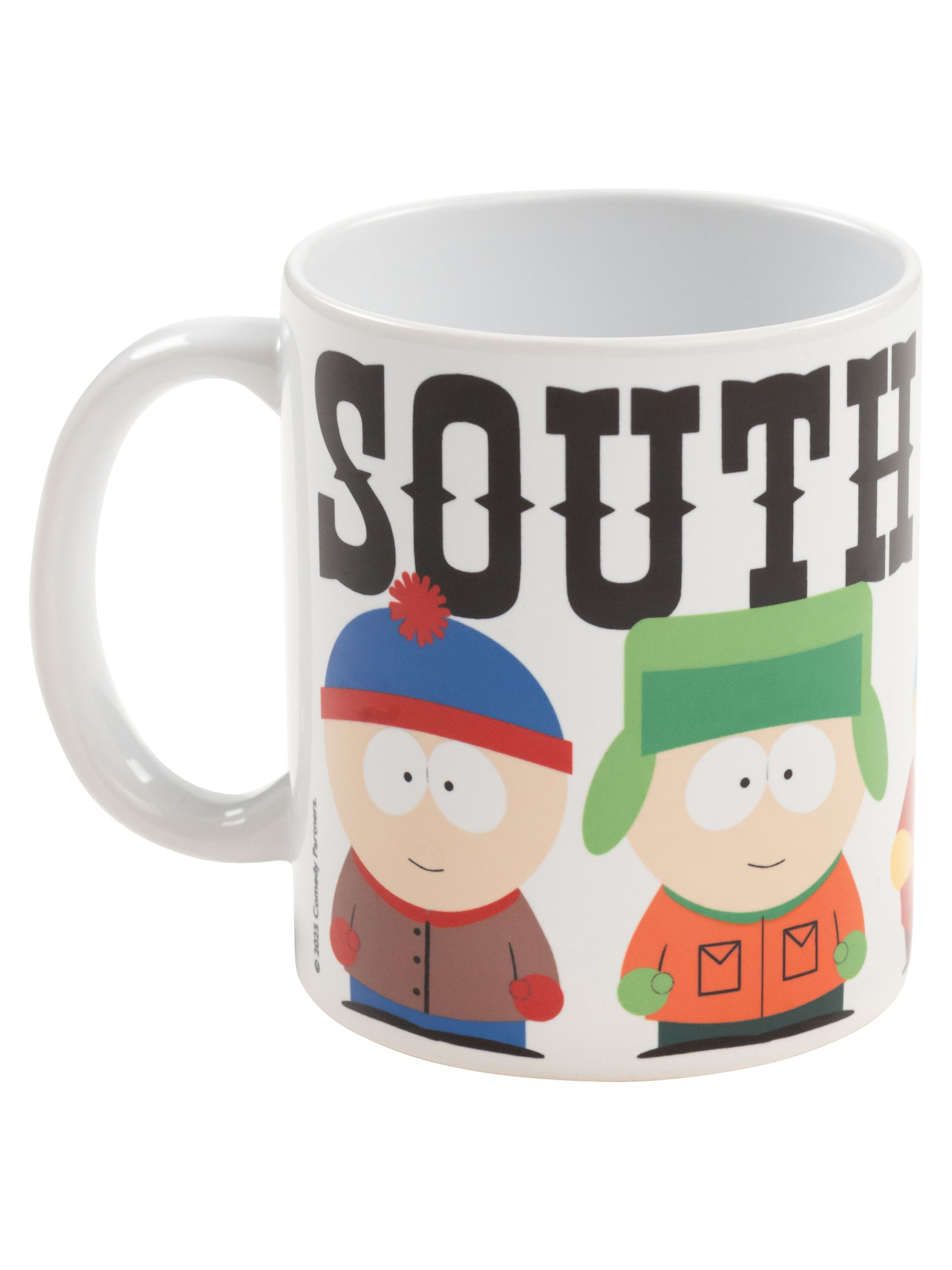 Eine weiße Tasse mit dem Wort 'SOUTH' und Illustrationen von South Park-Charakteren.