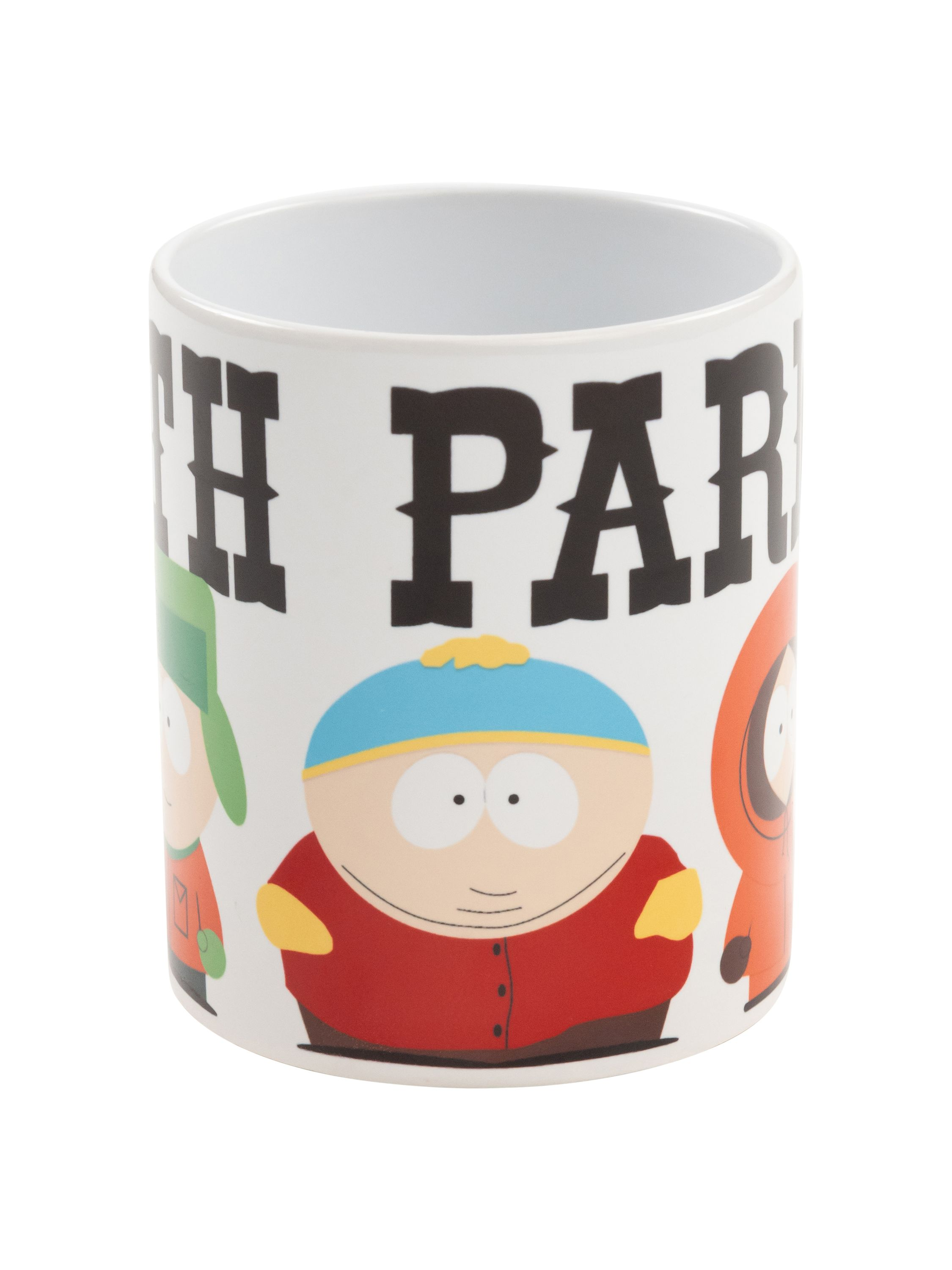 Weißer Becher mit Cartoonfiguren darauf. Der Becher hat die Worte „SOUTH PARK“ darauf.