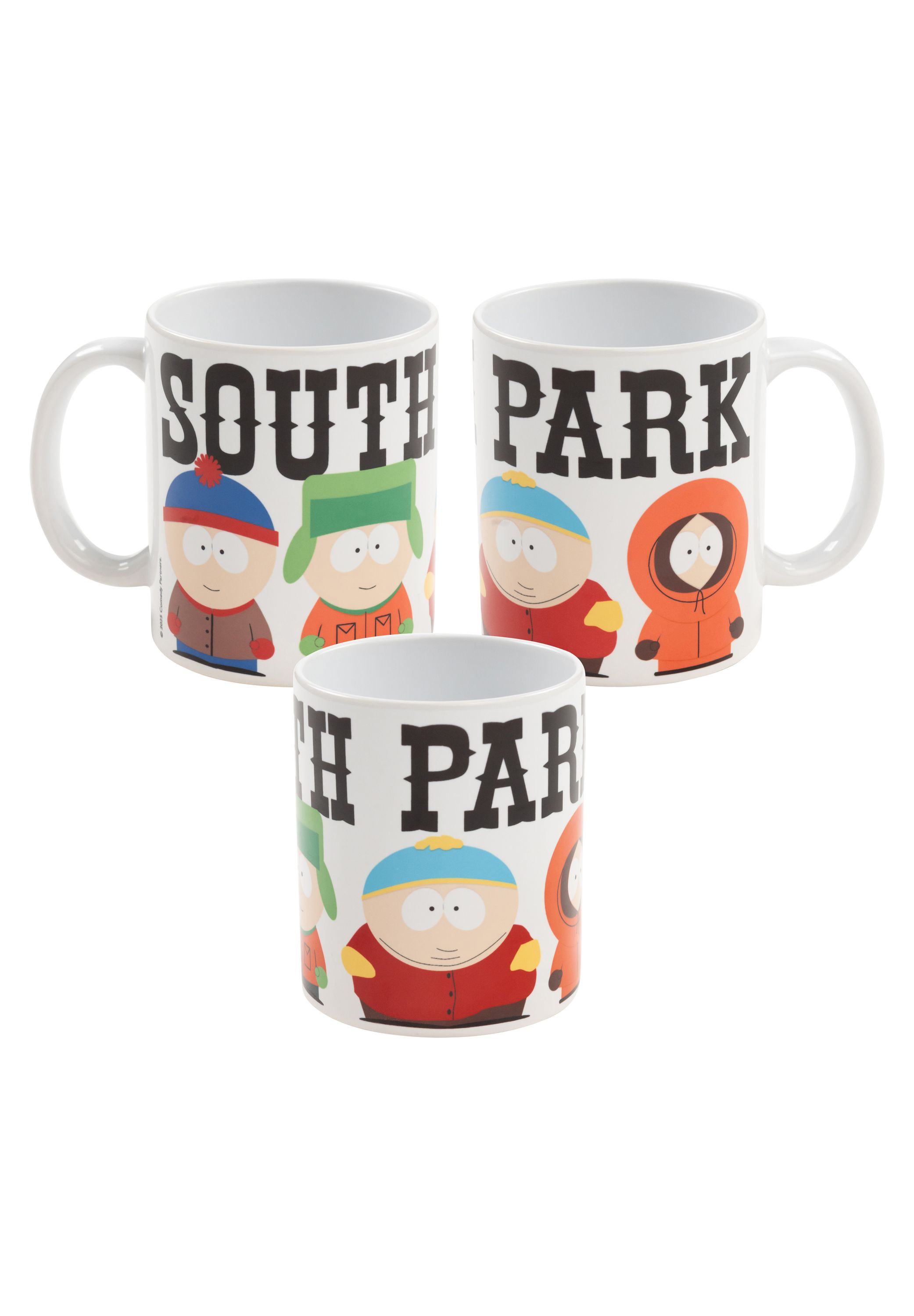 Drei Tassen mit South Park-Figuren. Verschiedene Ansichten von Tassen mit Zeichentrickfiguren.