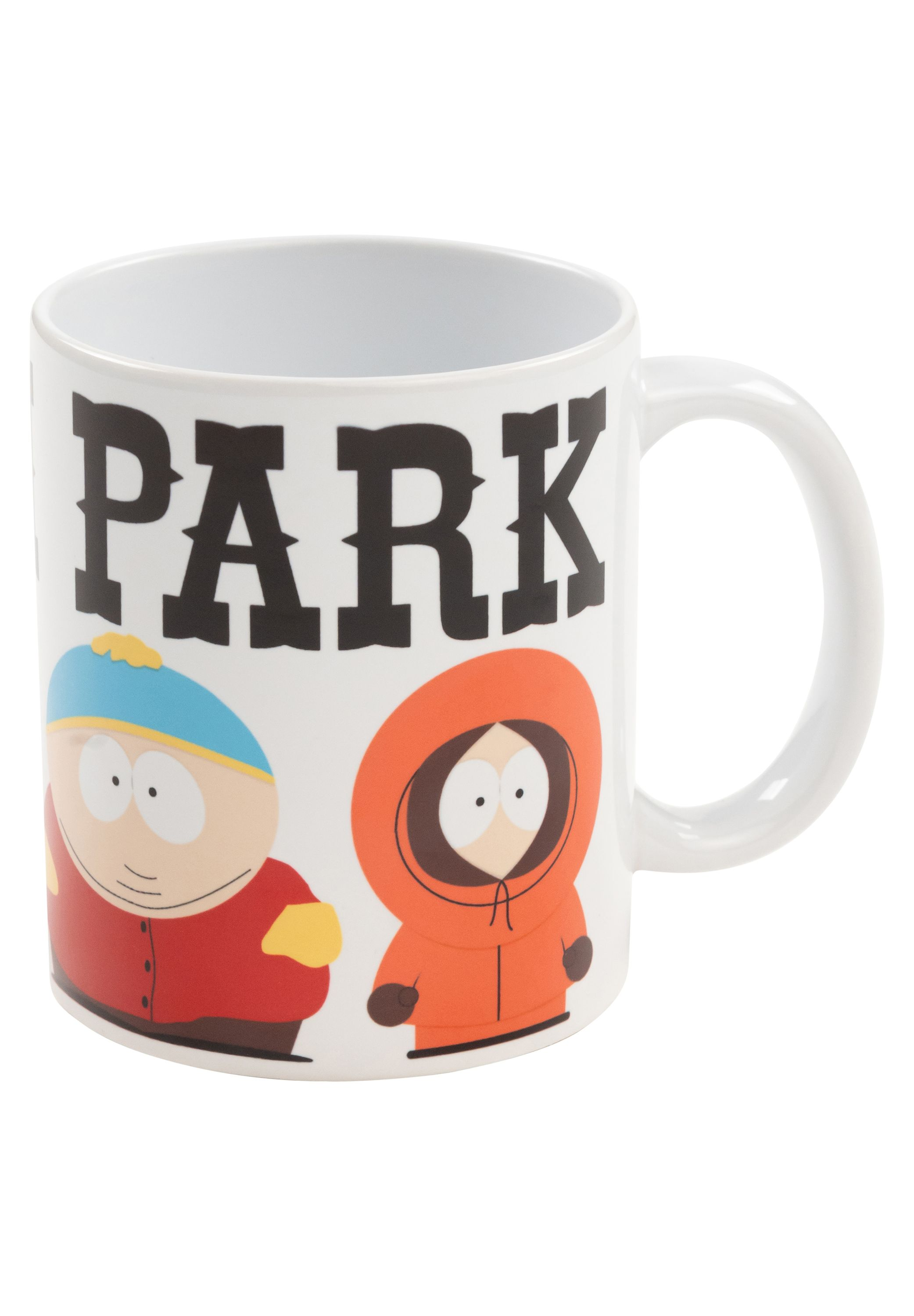 Eine weiße Tasse mit South Park-Figuren bedruckt.