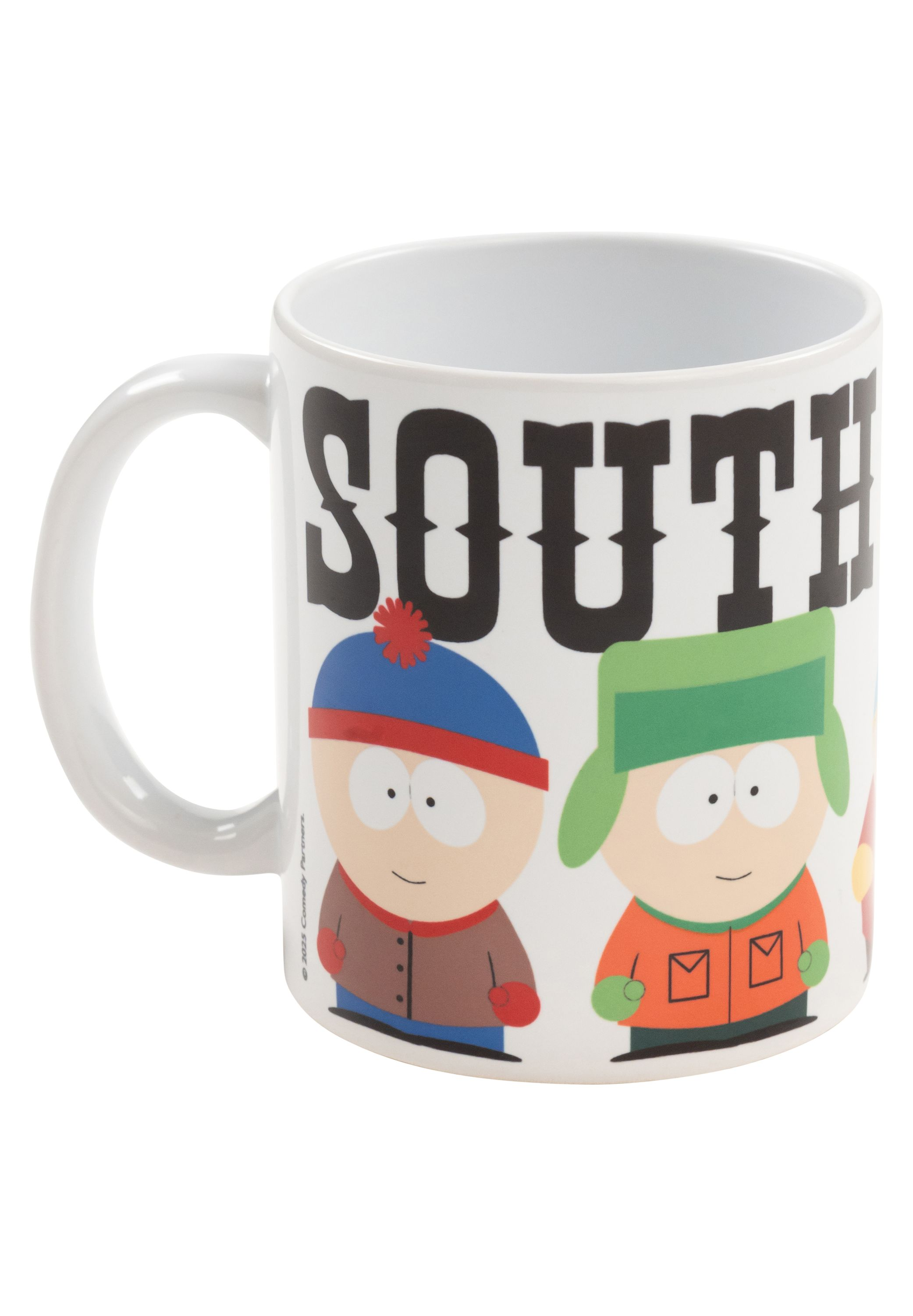 Eine weiße Tasse mit South Park-Charakteren und dem Wort SOUTH in fetten Buchstaben.