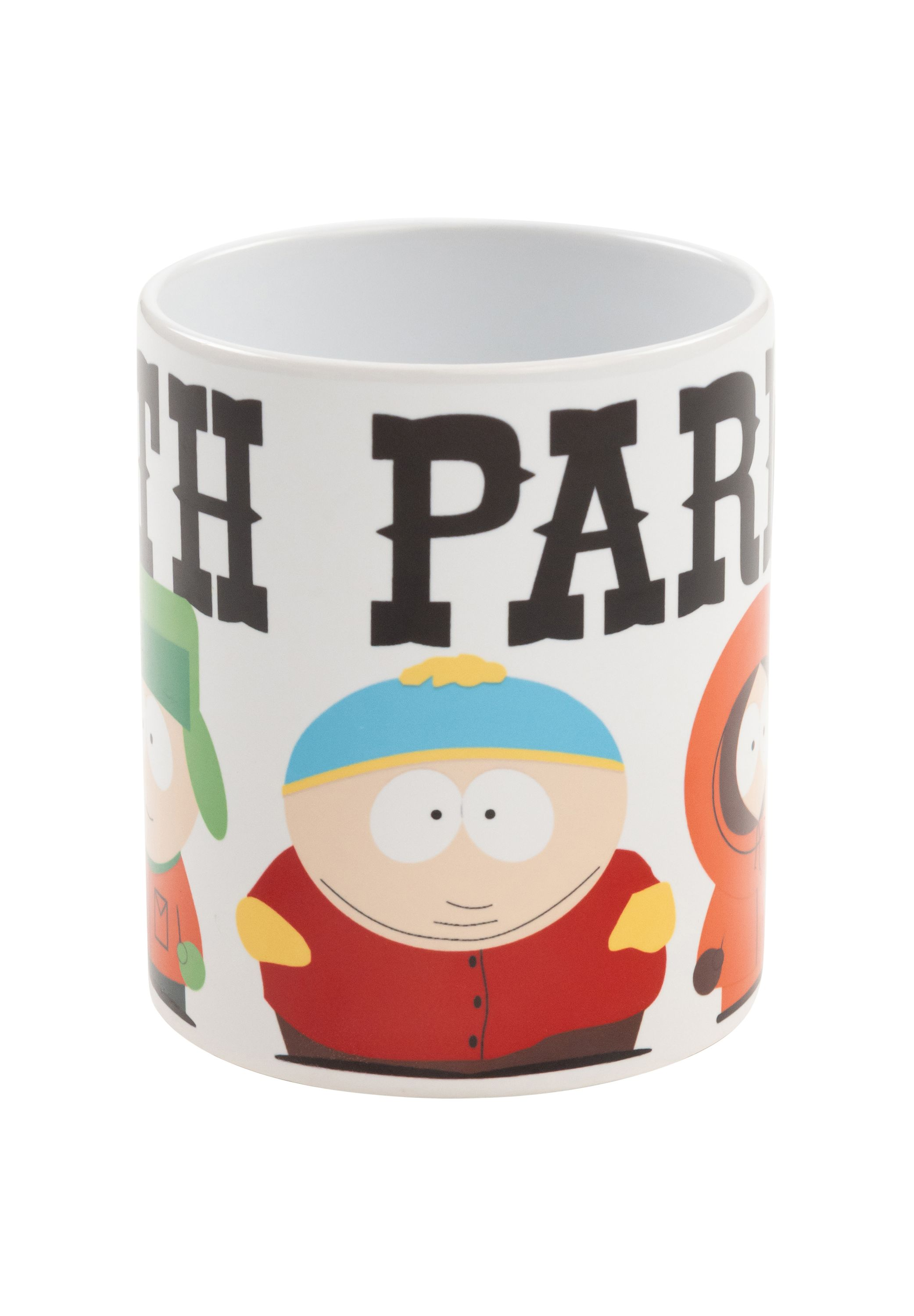 South Park-Tasse mit Zeichentrickfiguren. Weiße Tasse mit dem Logo und den Figuren der Show.