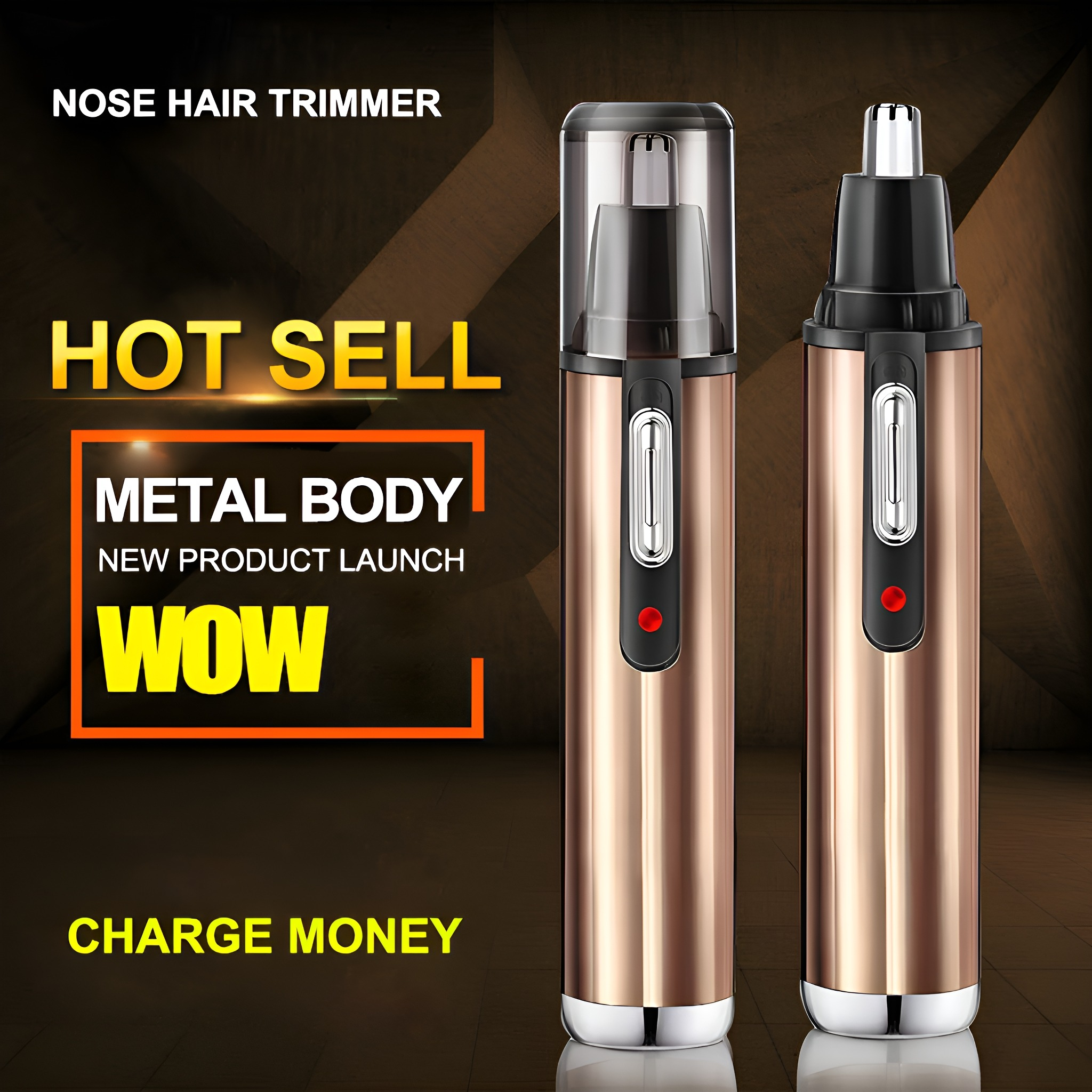 Gold-schwarzer Nasenhaartrimmer auf weißem Hintergrund. Text: HOT SELL, METALLKÖRPER.