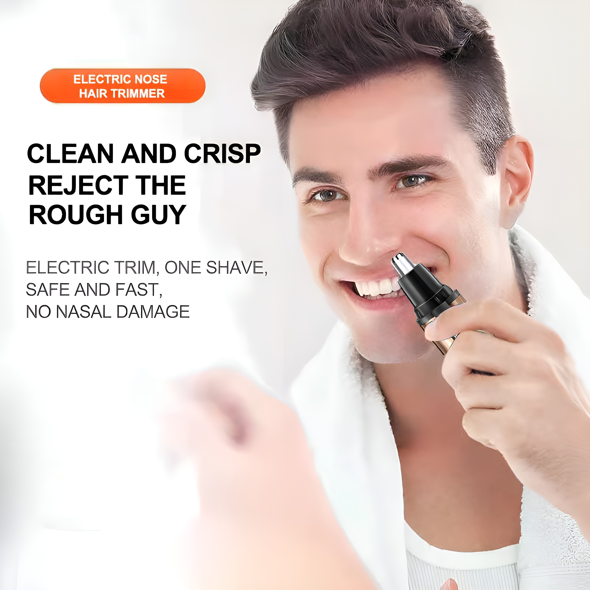 Mann benutzt Nasenhaarschneider im Spiegel. Text sagt 'Clean and Crisp'.