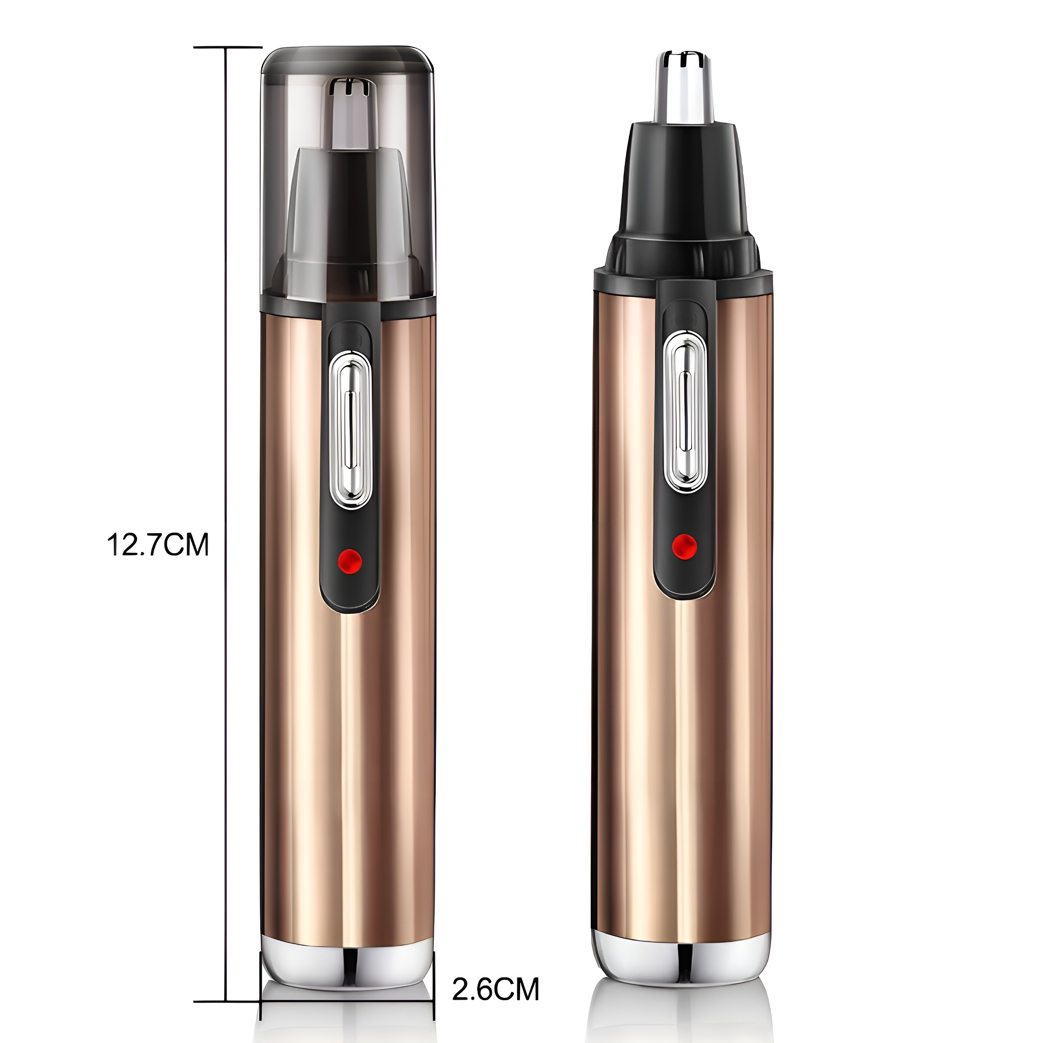 Zwei metallische Nasenhaartrimmer sind abgebildet, einer geschlossen und einer mit freigelegtem Trimmerkopf.