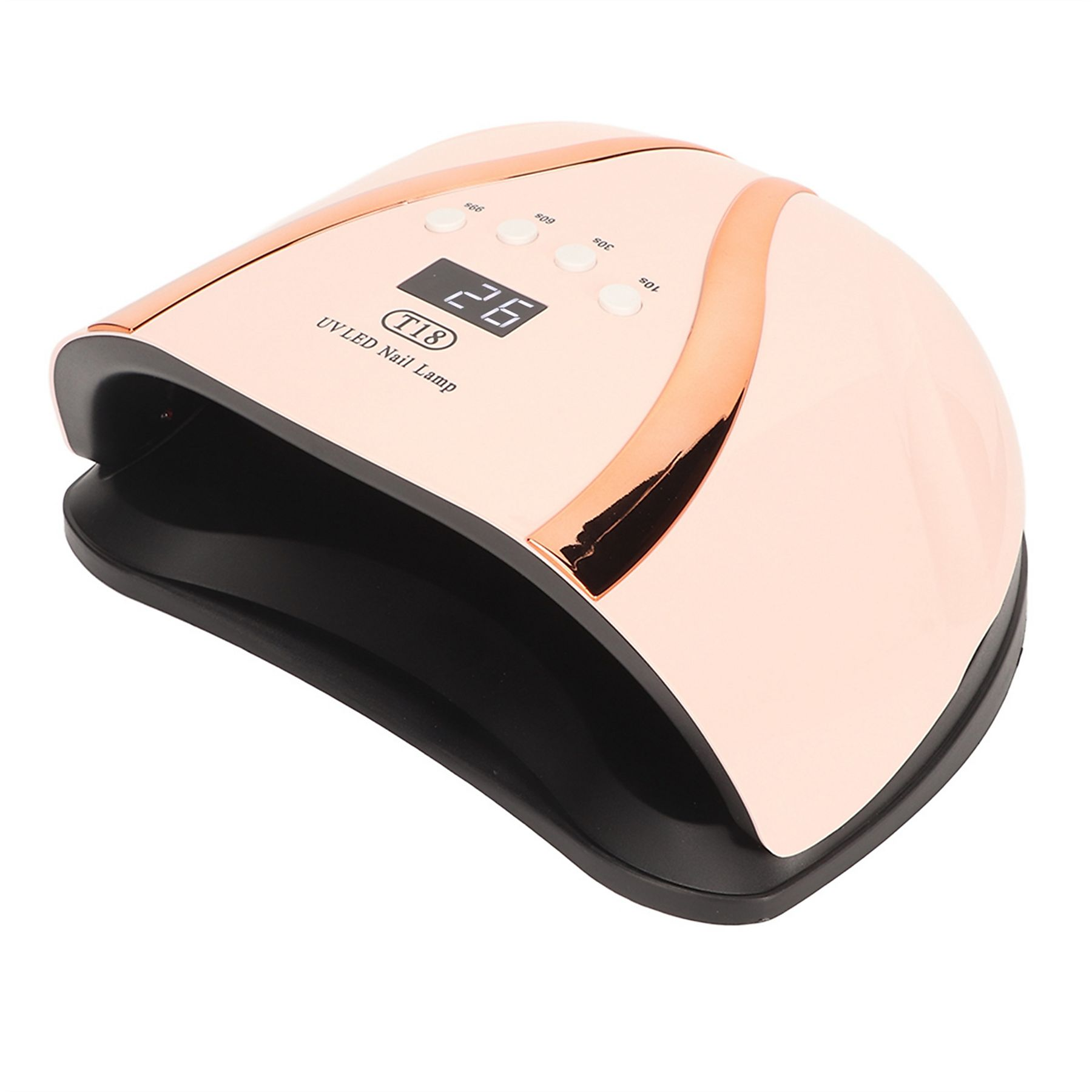 Pink und roségold UV-LED-Nagellampe, Digitalanzeige zeigt die Zeit '26'.
