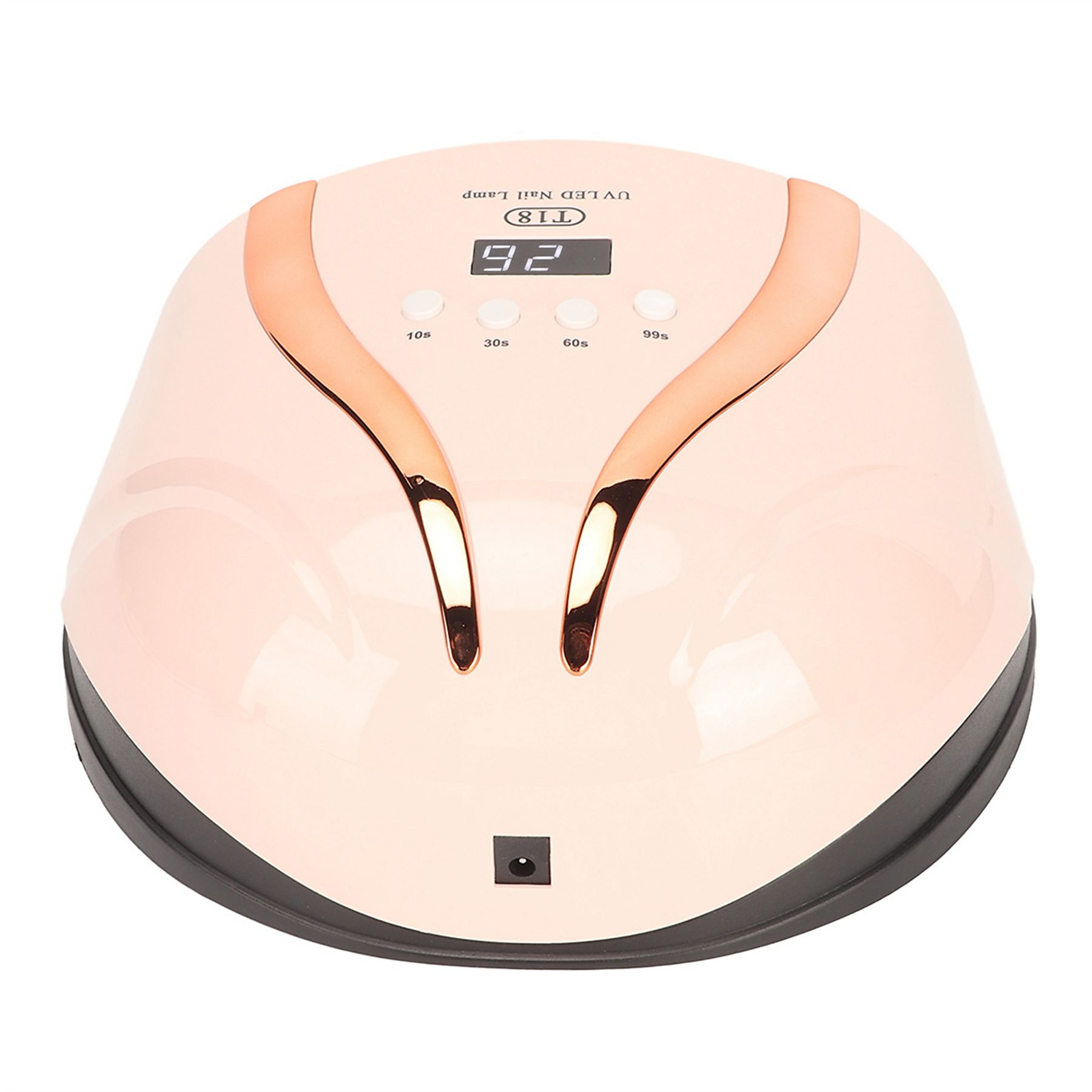 Rosa und roségoldene UV-Nagellampe mit digitaler Anzeige, die 92 Sekunden und Knöpfe anzeigt.