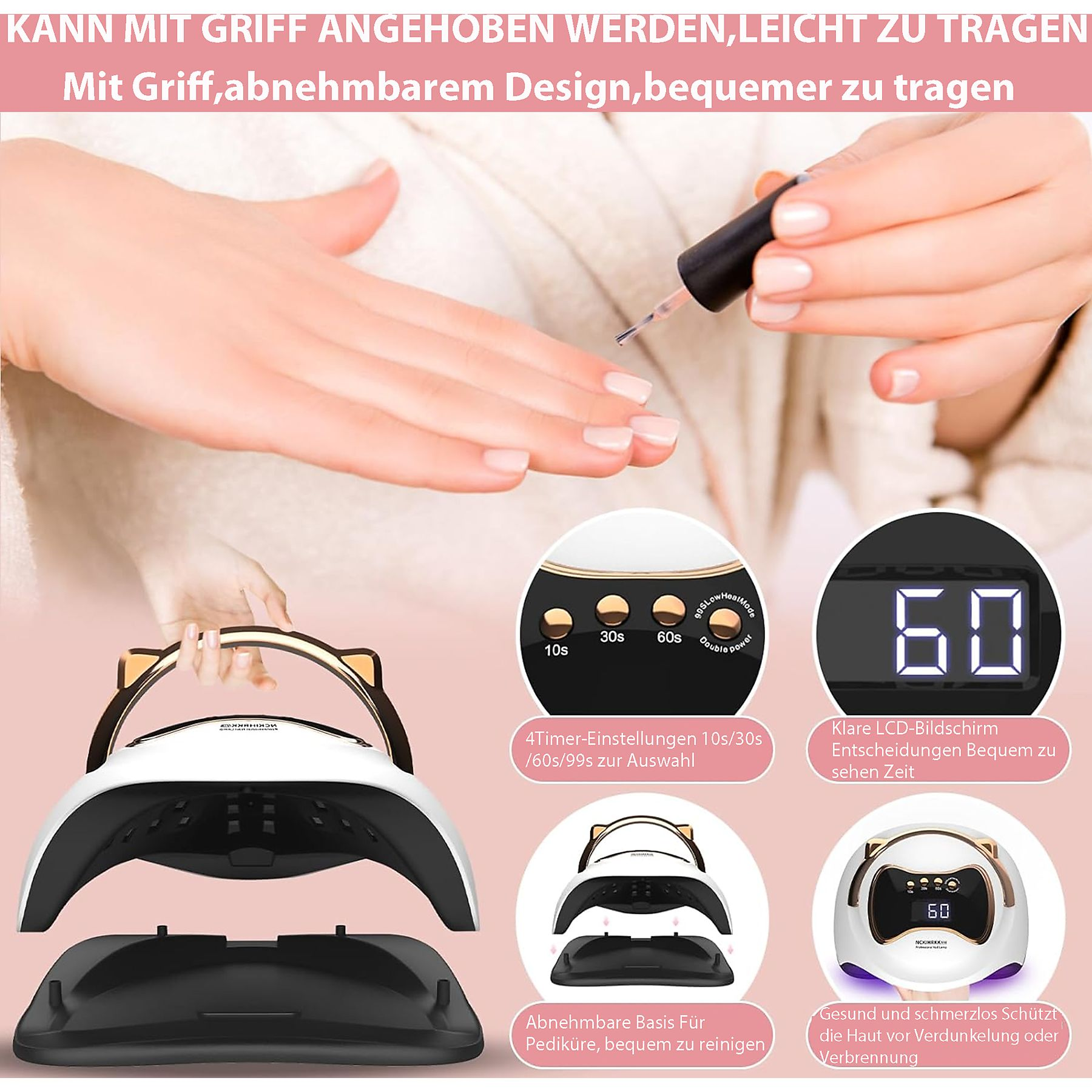 Die Hand einer Frau, die Nagellack aufträgt, mit einem Nageltrockner und seinen Komponenten.