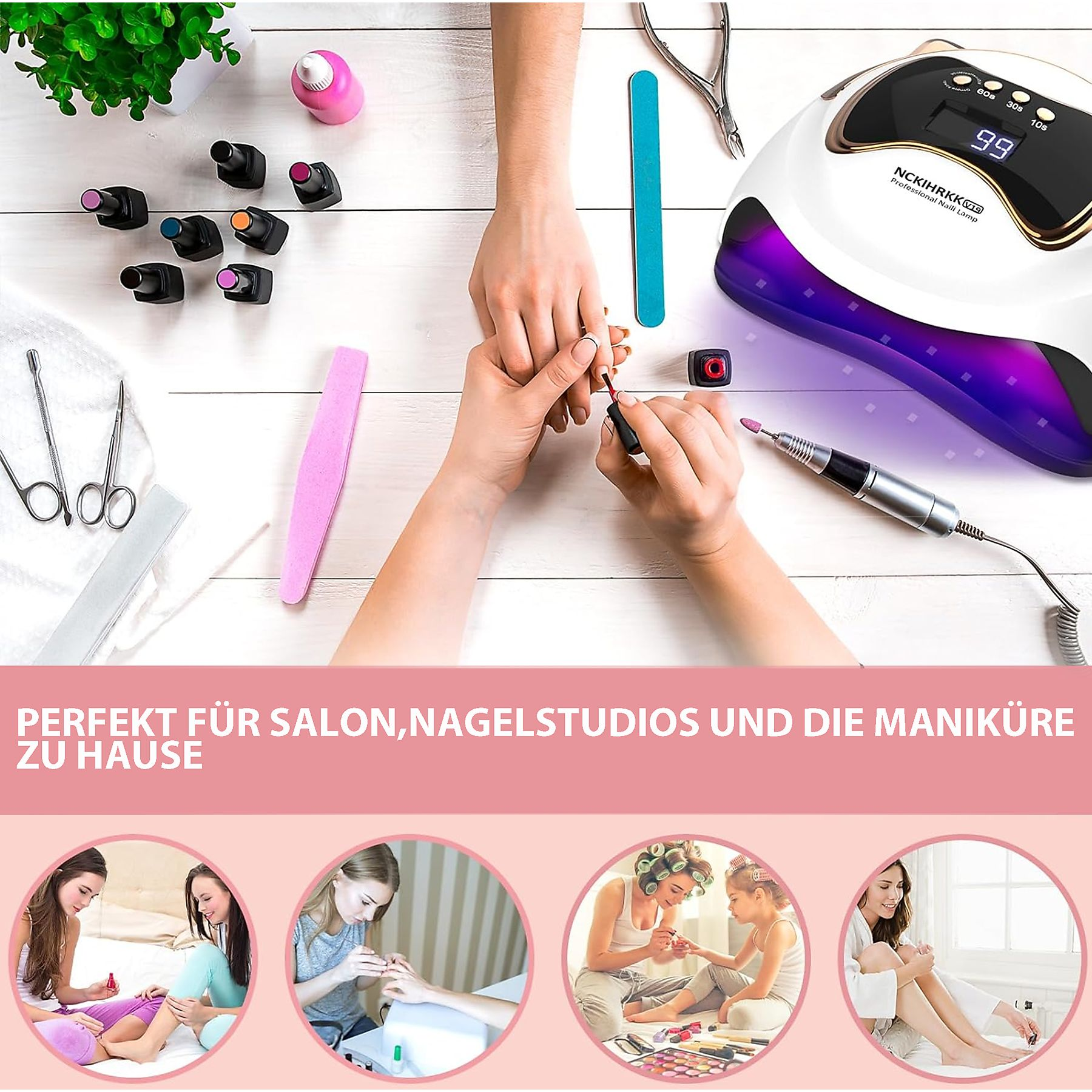 Ein Maniküre-Setup mit Werkzeugen, Nagellack und einer UV-Lampe. Personen machen in den Kreisen Nägel.