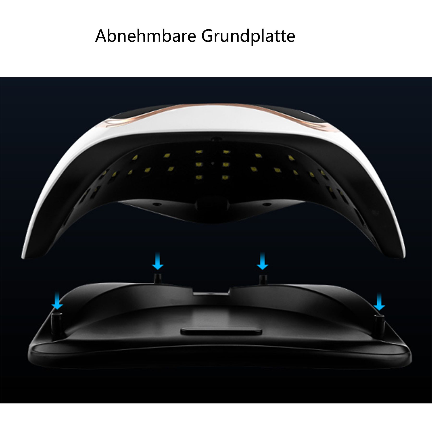 Nagellampe mit geöffneter oberer Hälfte. Pfeile, die auf die Verbindung von Ober- und Unterseite zeigen.