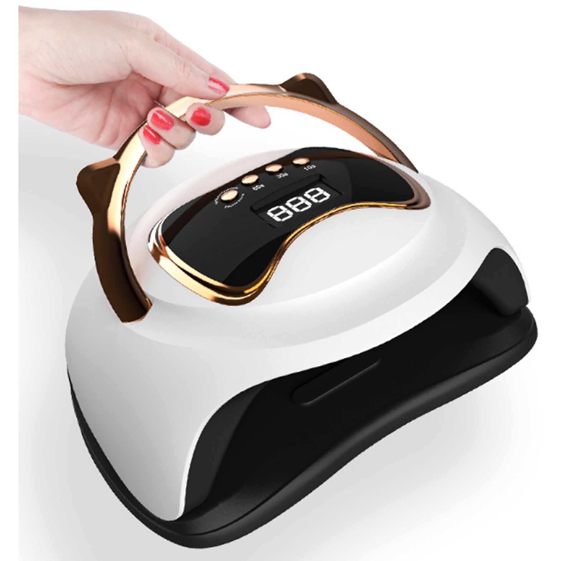 Ein weiß-schwarzer Nageltrockner mit goldenem Griff, Digitalanzeige und Hand.