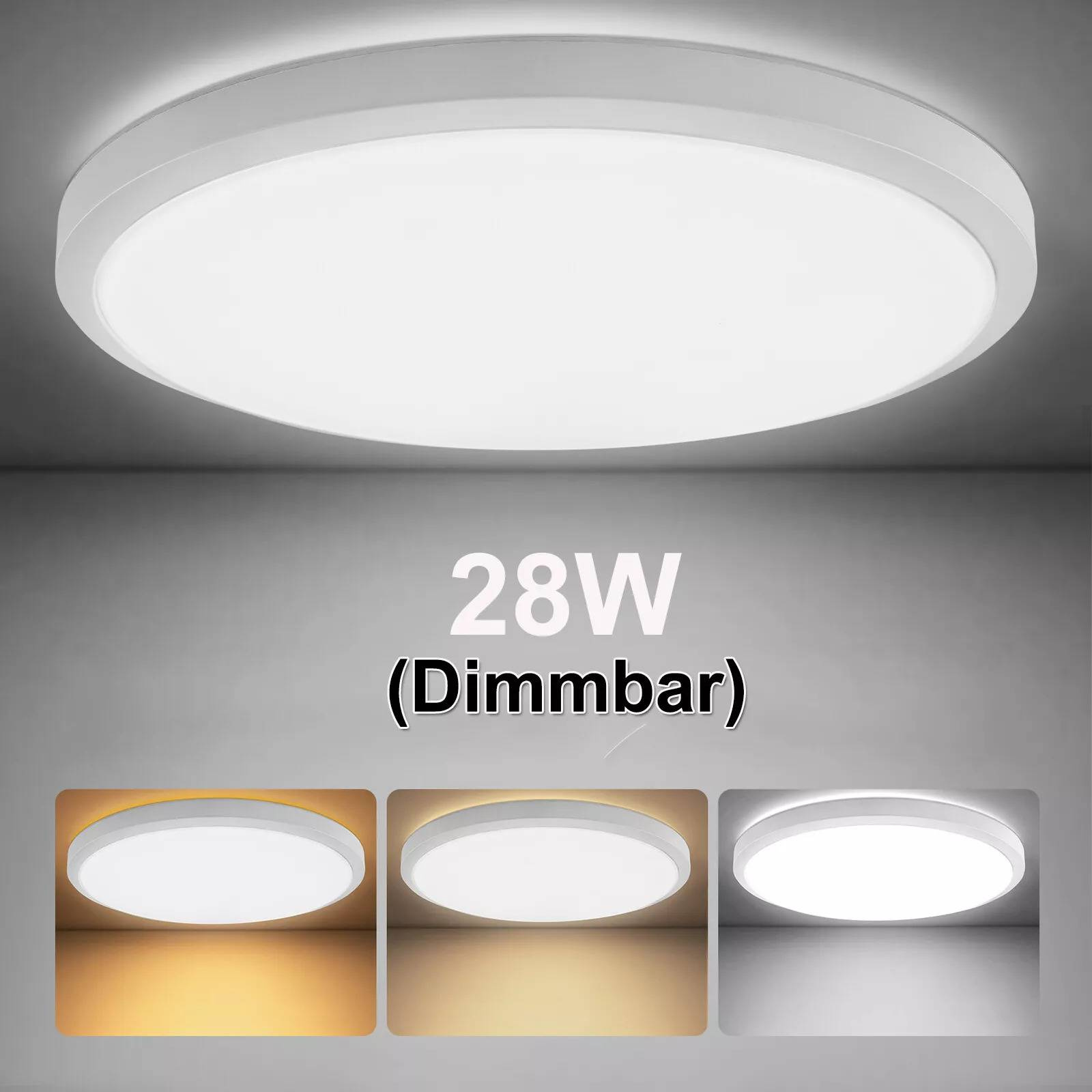 Runde, weiße LED-Deckenleuchte mit drei Beleuchtungsoptionen. Text: 28W (Dimmbar).