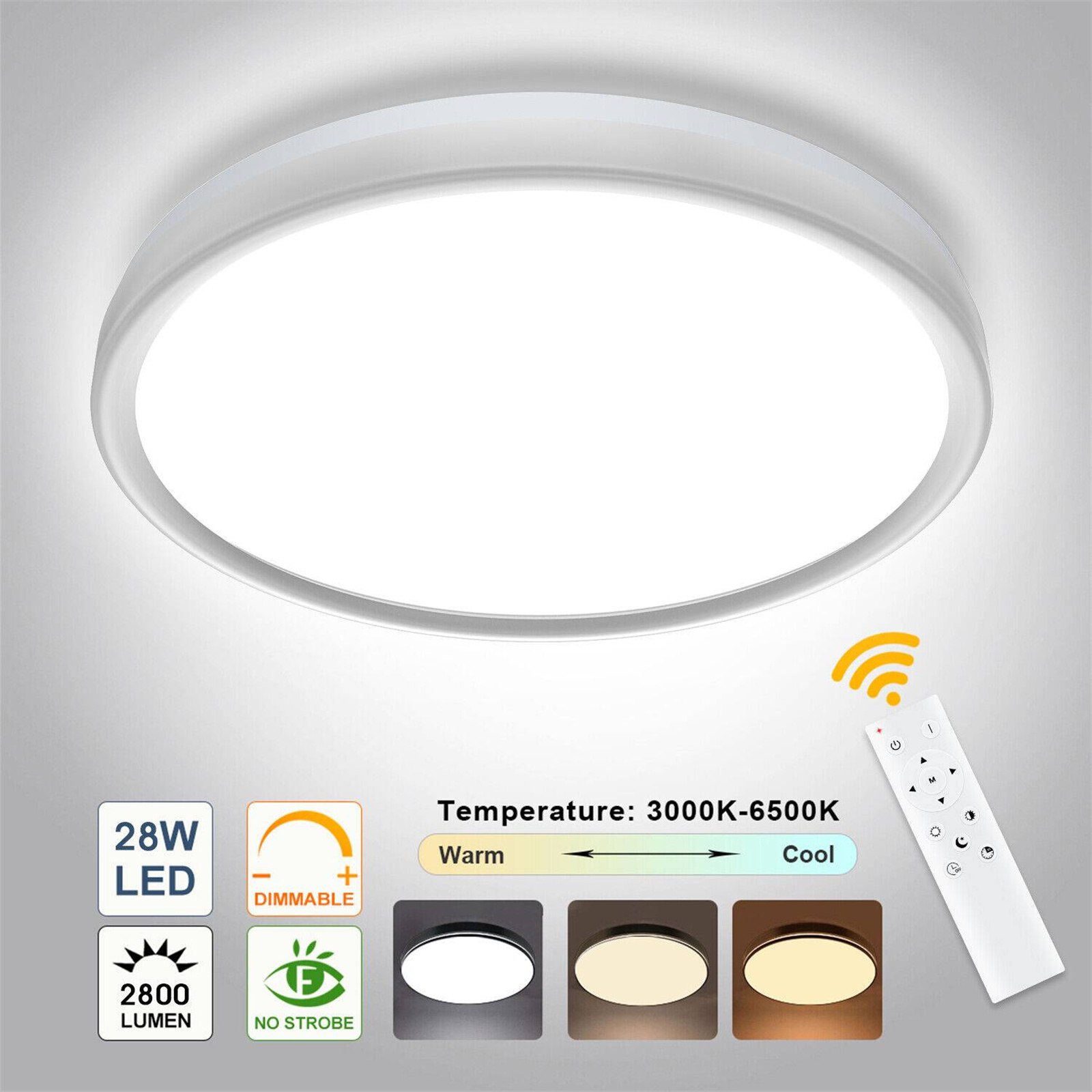 Runde weiße Deckenlampe mit Fernbedienung. Zeigt verschiedene Lichtfarboptionen: warm bis kühl.
