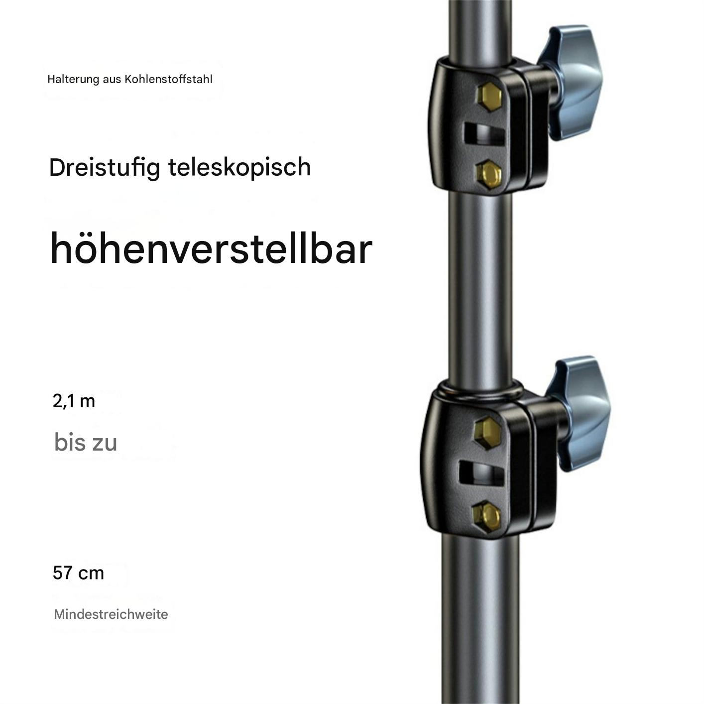 Ein schwarzer, verstellbarer Ständer mit Maßen und Text und blauen Knöpfen.