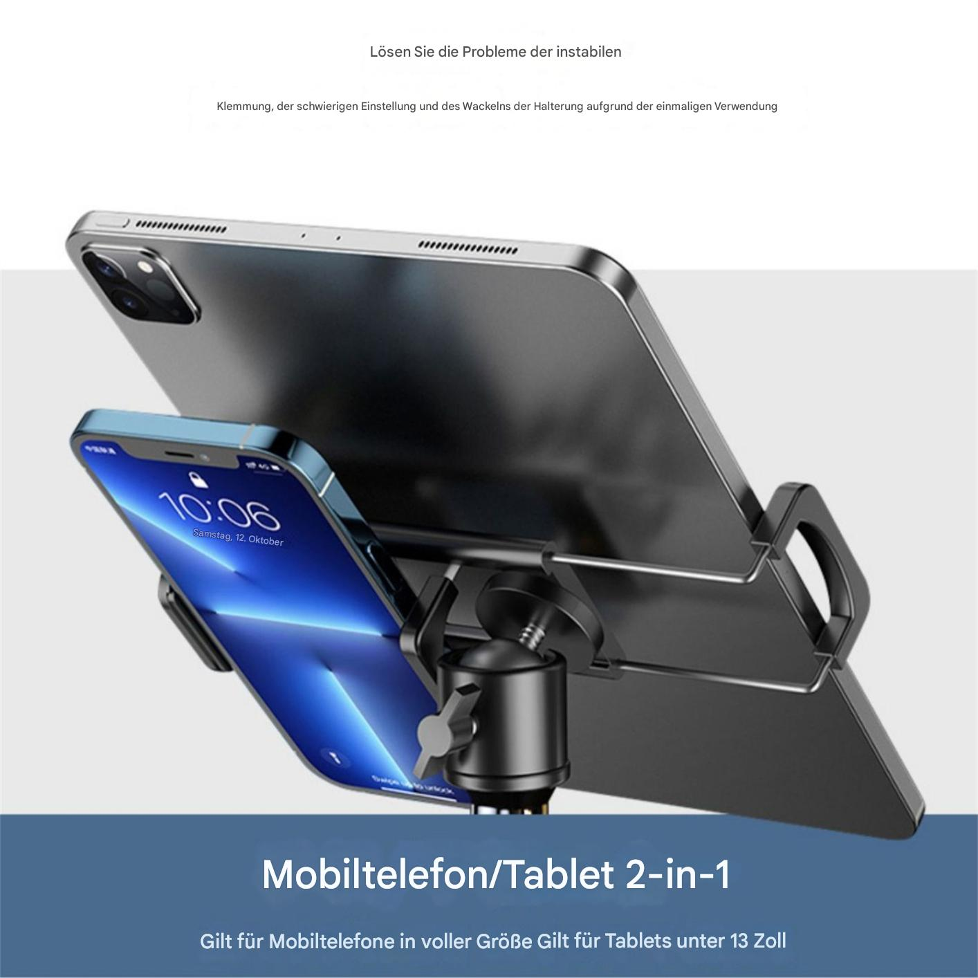 Ein Tablet- und Smartphone-Ständer, Tablet und Telefon sind auf dem Ständer montiert.