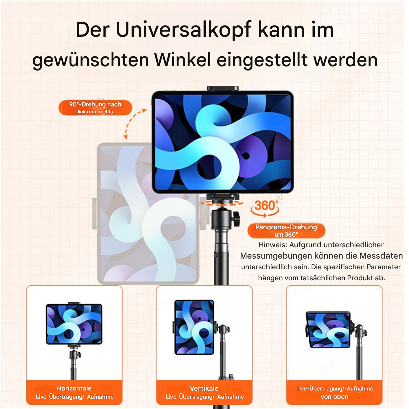 Ein Tablet auf einem Ständer, mit Diagrammen, die Neigungs- und Rotationsoptionen für verschiedene Ansichten zeigen.