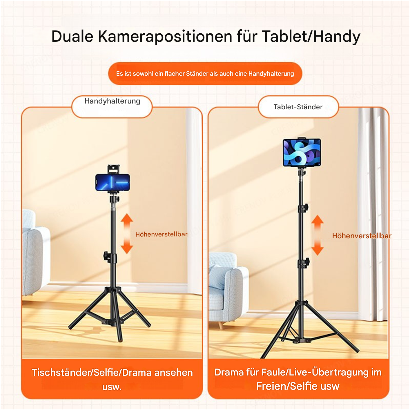 Ein Smartphone- und Tablethalter mit höhenverstellbarkeit auf weißem Hintergrund.