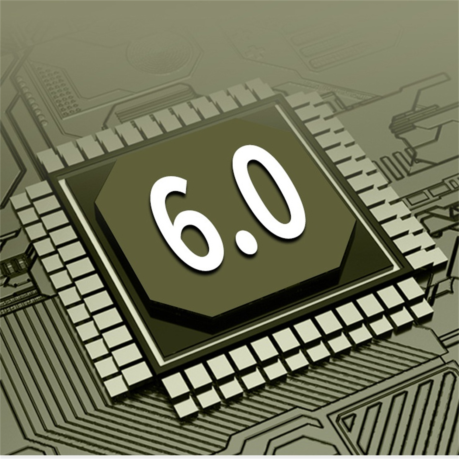 Nahaufnahme eines Computerchips mit der weißen Zahl '6.0' auf dunklem grünen Hintergrund.