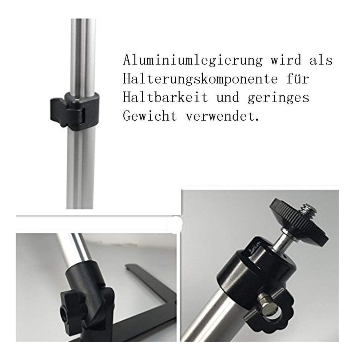 Nahaufnahmen einer Stativkomponente mit Text über die Aluminiumlegierungskonstruktion.