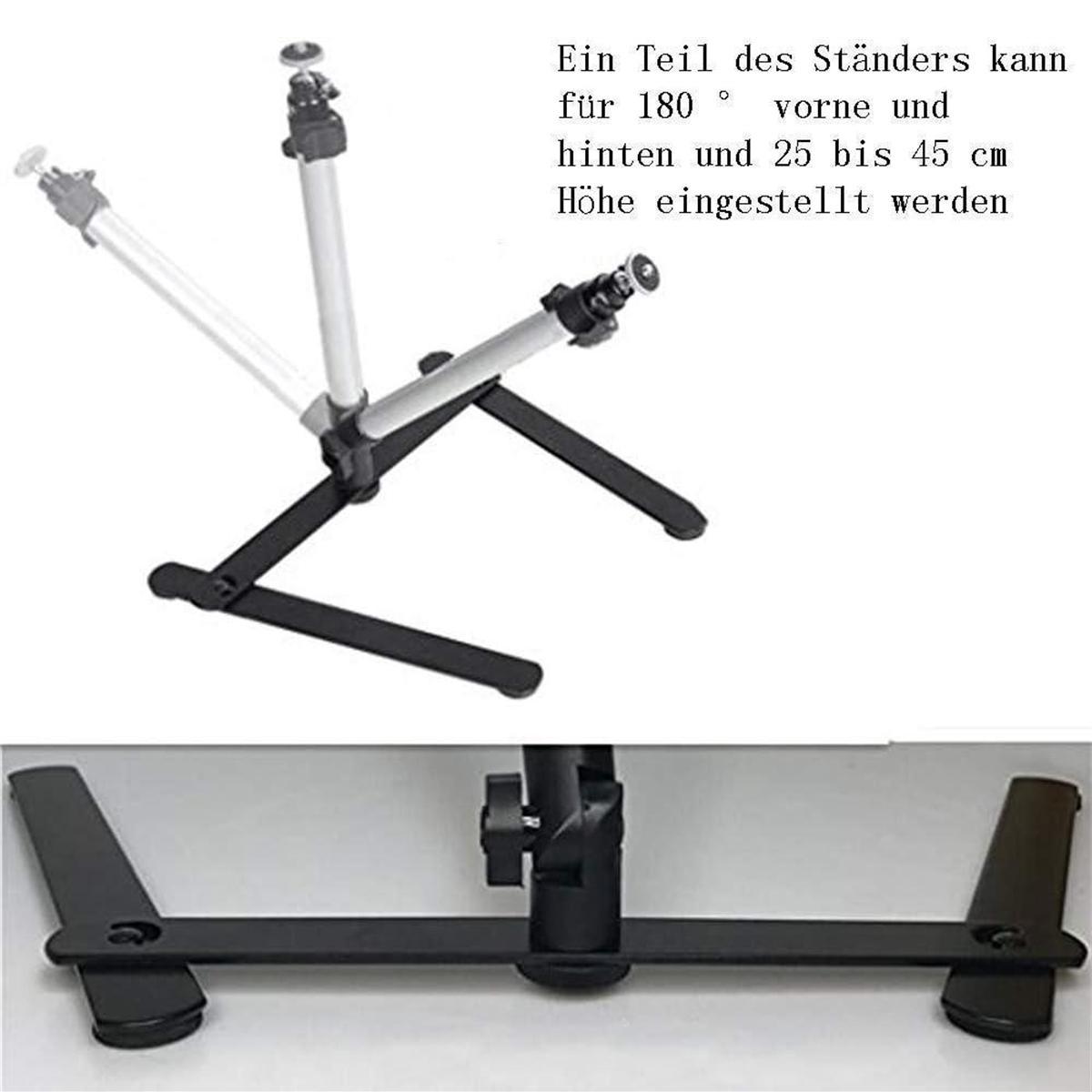 Verstellbarer Kameraständer in Weiß und Schwarz. Text auf Deutsch erklärt seine Verstellbarkeit.