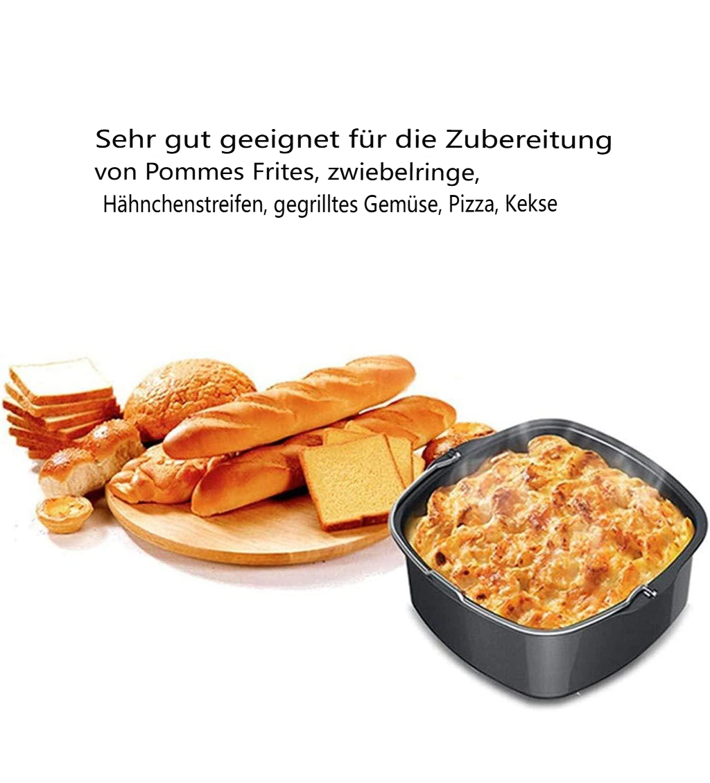 Verschiedene Backwaren in einer schwarzen Schale, darunter Brot, Gebäck und ein Auflaufgericht. Text auf Deutsch.
