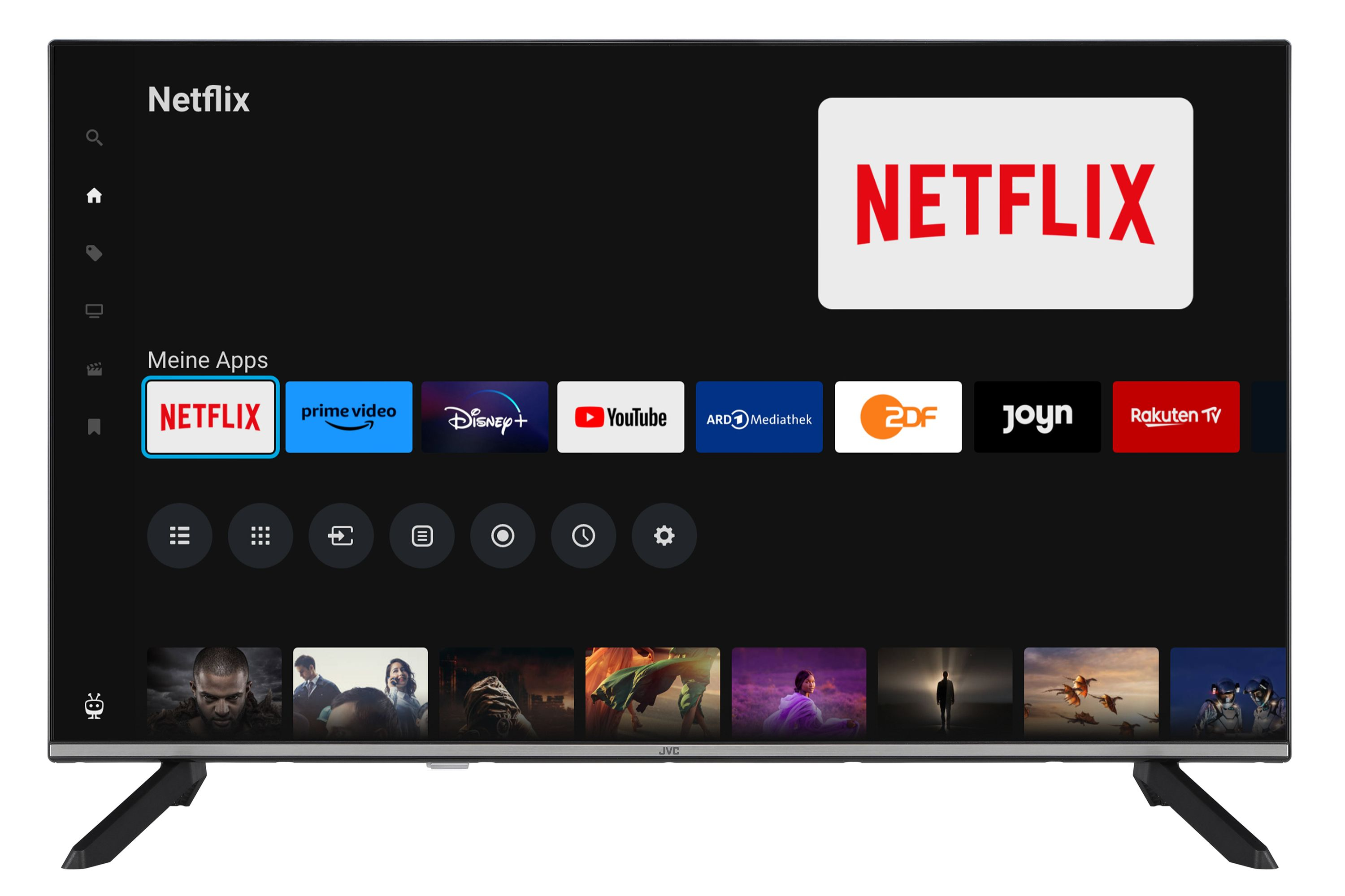 Ein Fernseher mit der Netflix-Oberfläche, mit mehreren App-Symbolen am unteren Rand.