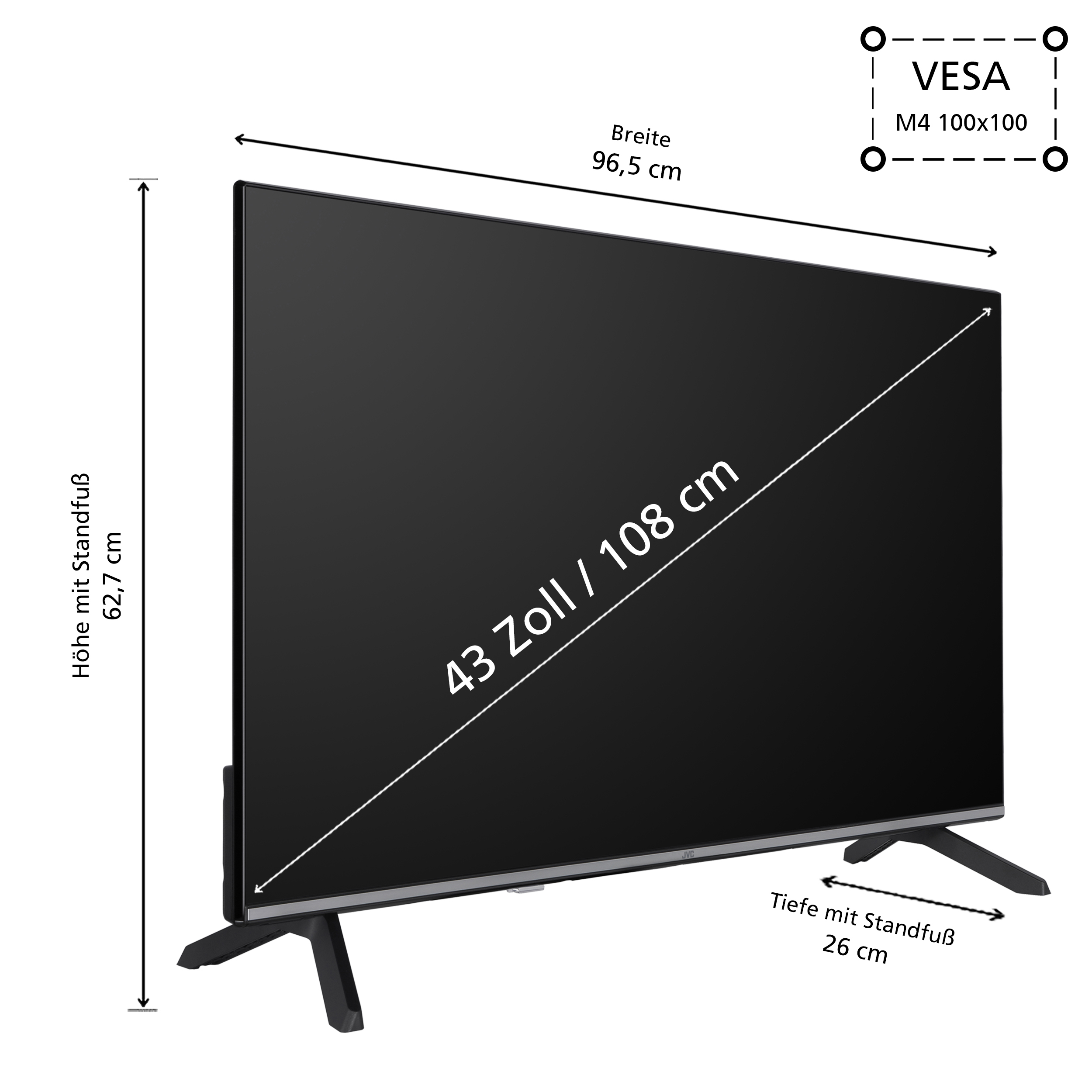 Ein schwarzer Fernseher mit silbernem Rahmen und zwei Beinen. Er zeigt Abmessungen: 43 Zoll, 96,5 cm Breite, 108 cm Höhe.