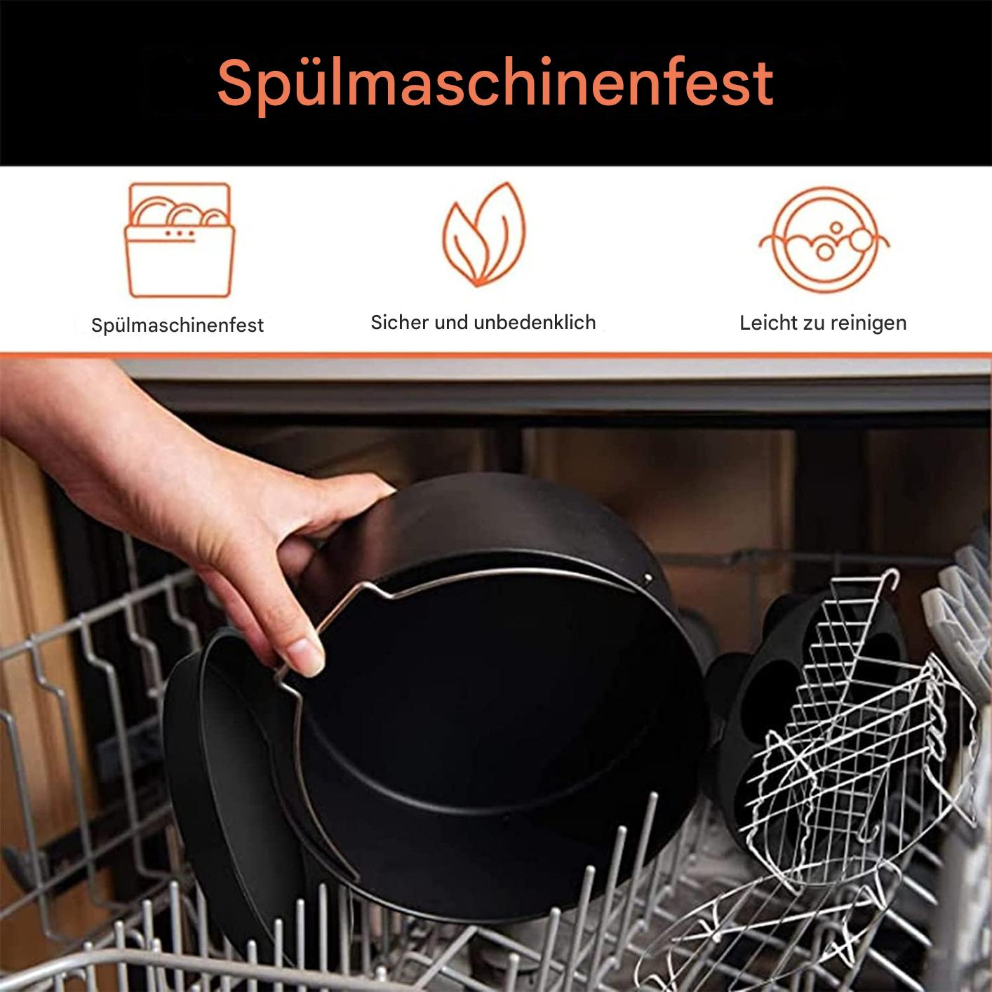 Luftfritteusenteile in einer Spülmaschine. Text: Spülmaschinenfest, sicher, leicht zu reinigen.