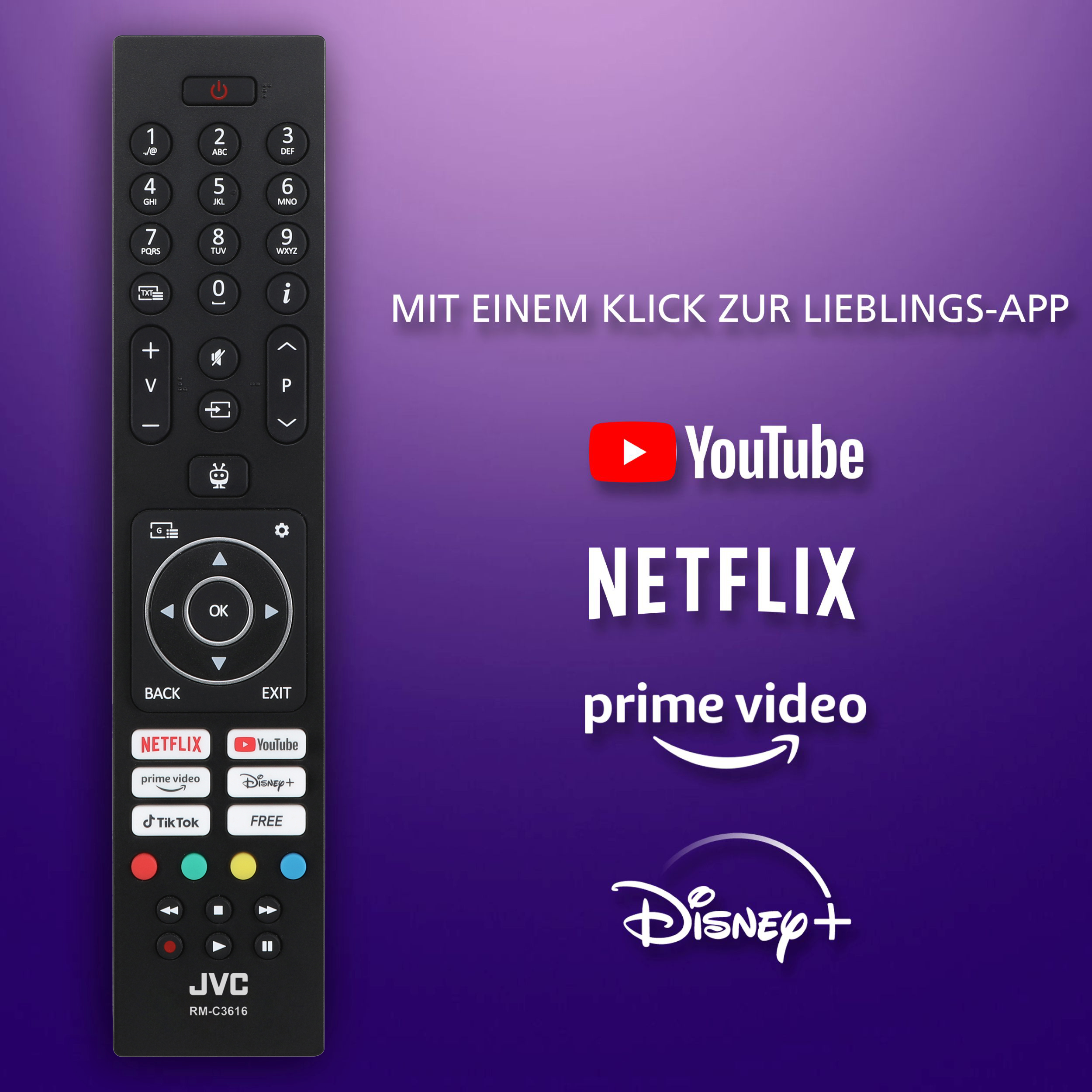 JVC-Fernbedienung mit App-Logos: YouTube, Netflix, Prime Video und Disney+. Text auf Deutsch.