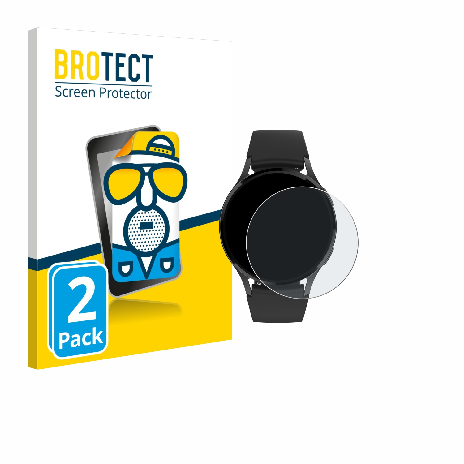 Smartwatch und Displayschutz. Der Schutz kommt in einer Box.