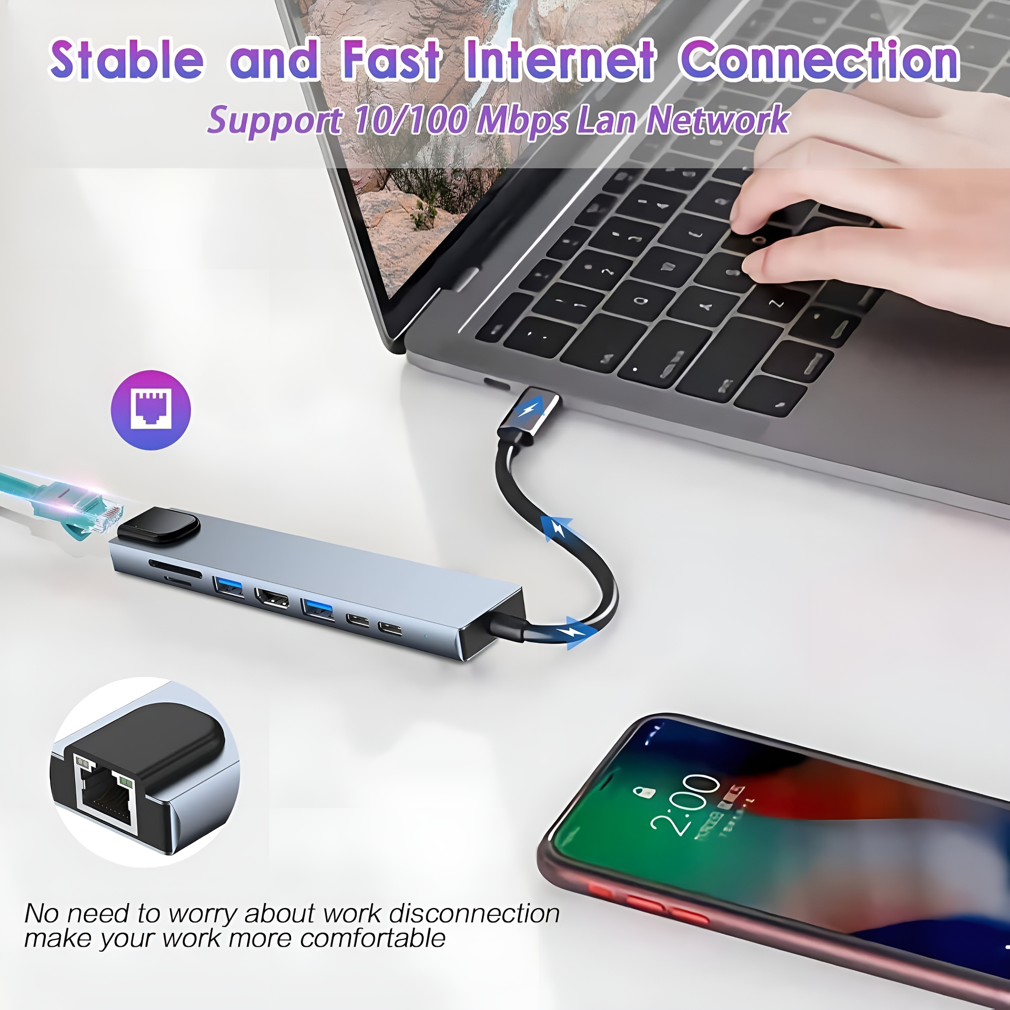 Ein Laptop, der mit einem Hub verbunden ist, mit einem Telefon, das eine schnelle Internetverbindung zeigt.