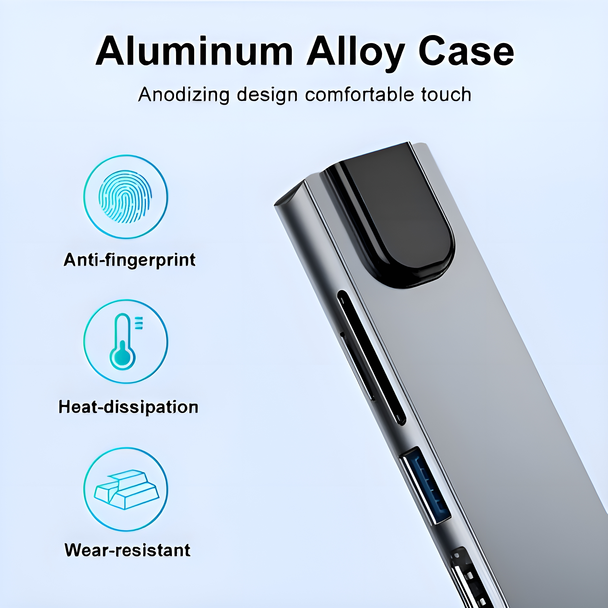 Nahaufnahme eines silbernen Aluminiumlegierungsgehäuses mit Anti-Fingerabdruck-, Wärmeableitungs- und verschleißfesten Eigenschaften.