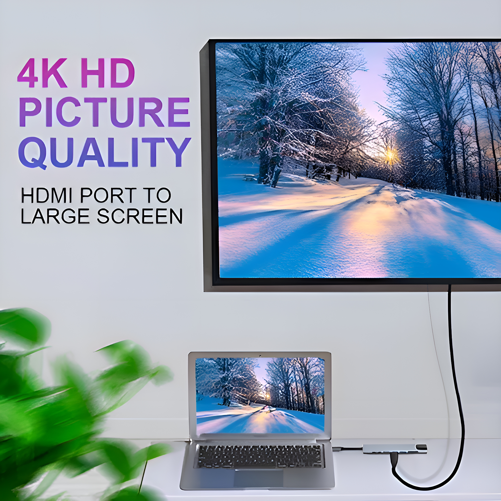 Ein Laptop, der über einen USB-Hub mit einem Fernseher verbunden ist. Der Fernseher zeigt eine Winterszene.